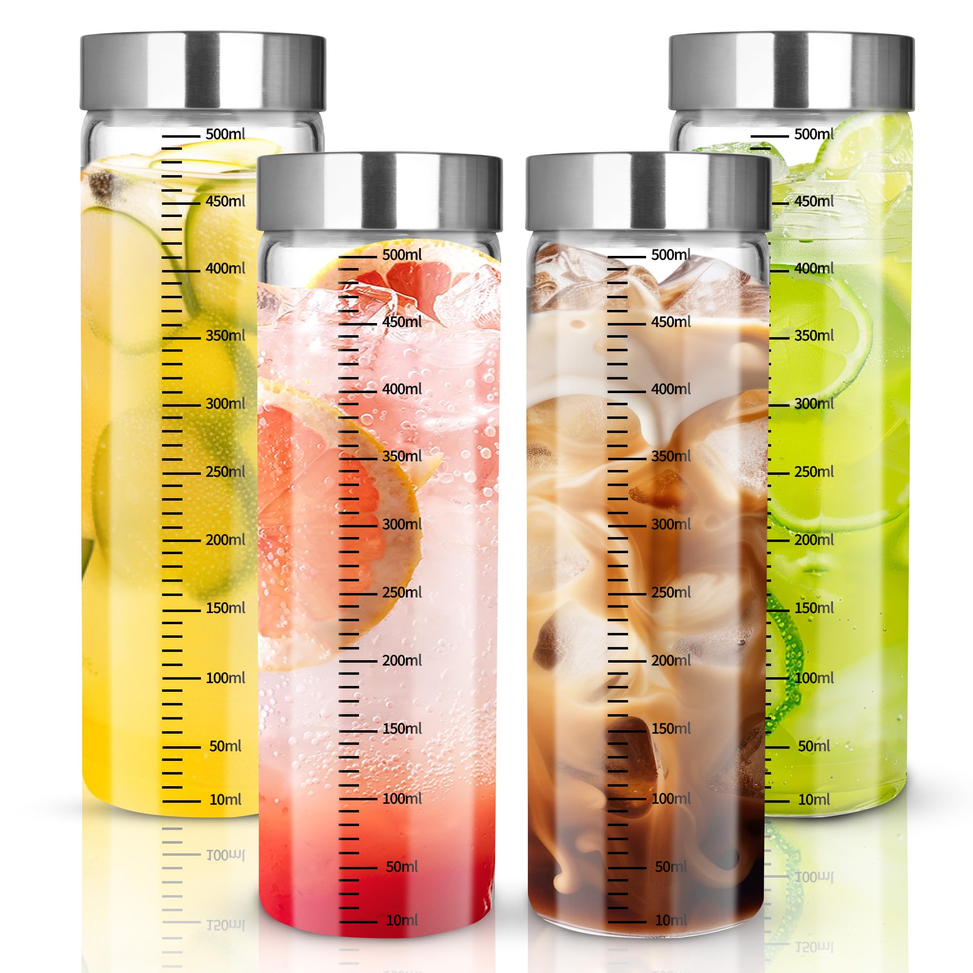 Lot de 4 bouteilles en verre graduées de 500 ml, gobelets à smoothie avec couvercle en acier inoxydable, bouteilles d'eau en verre réutilisables, adaptées aux smoothies, jus, lait, café