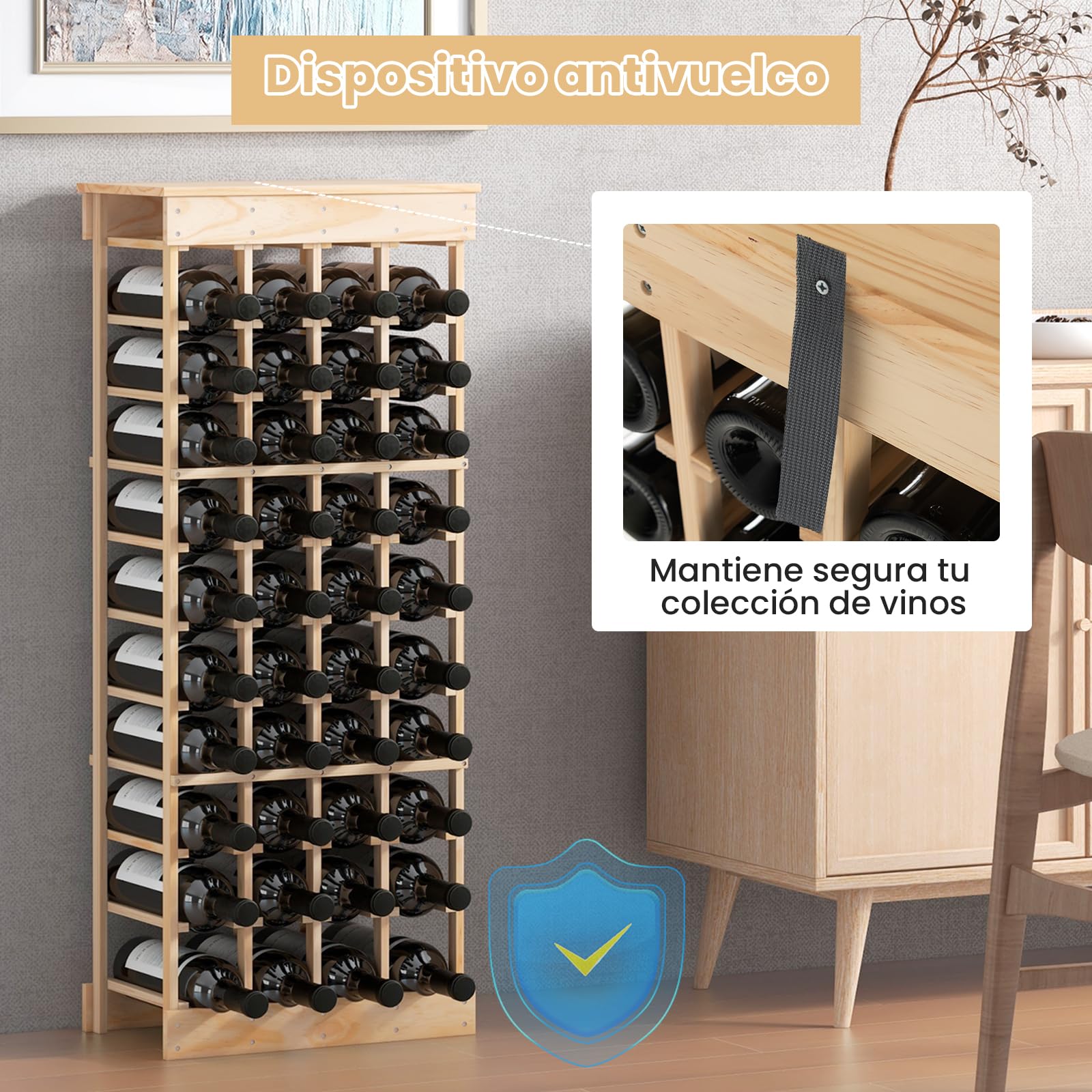 GOPLUS Botellero Independiente para 40 Botellas, Estante de Almacenamiento de Vino con Tablero, Dispositivo Antivuelco, Estante para Botellas de Madera Maciza de 10 Niveles, Natural