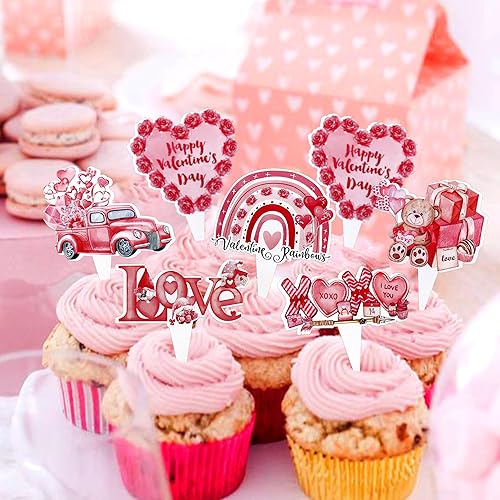 Miniatura 4 de Ercadio Paquete de 25 adornos para cupcakes de corazón rojo y rosa con purpurina de corazón para el primer cumpleaños, aniversario, decoración de