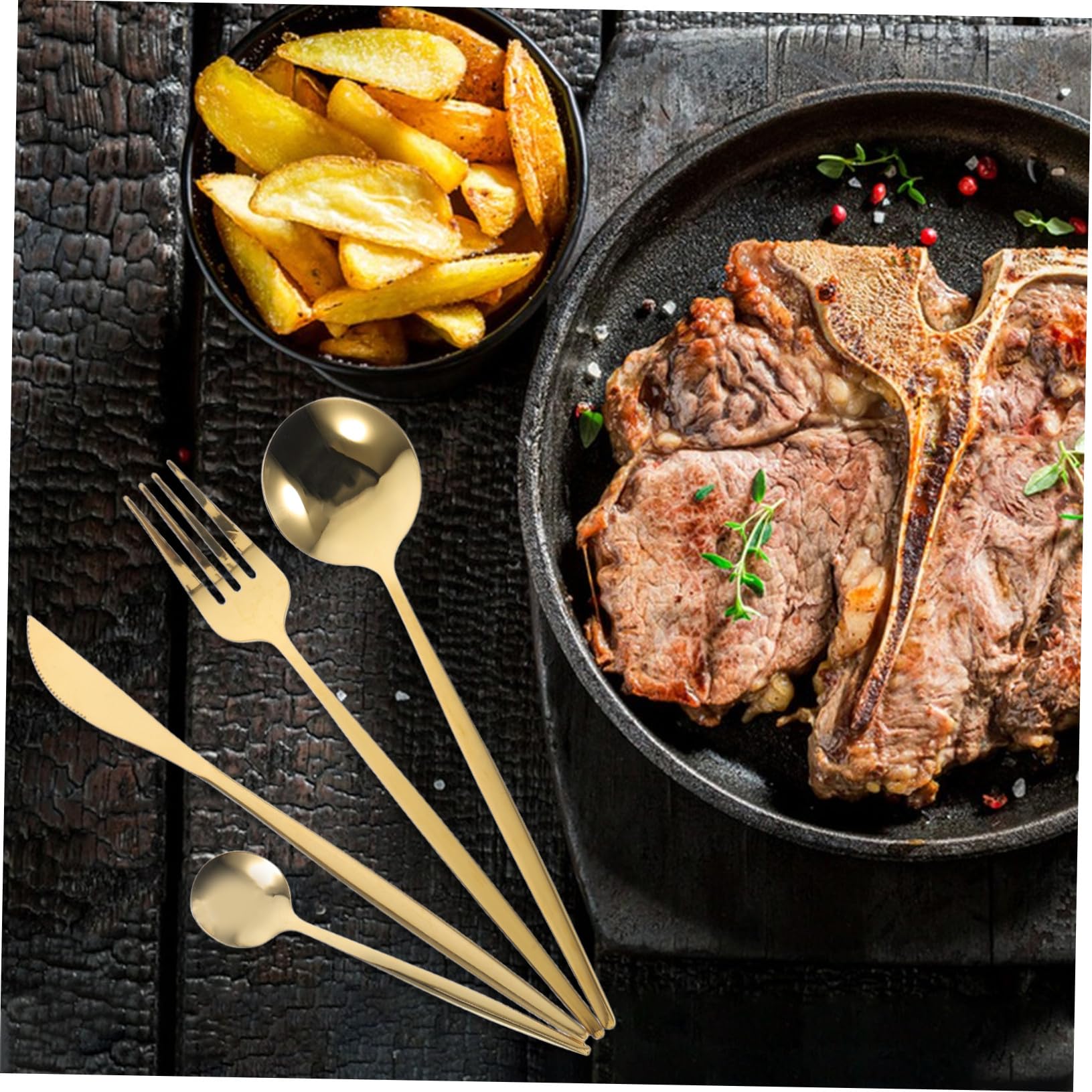 6 set Posate Acciaio Inossidabile Dorate Opaco Coltelli Bistecca Forchette Cucchiai e Cucchiaini da Tè per Casa Feste ed Eventi Formali Design Ergonomico per Presa Confortevole