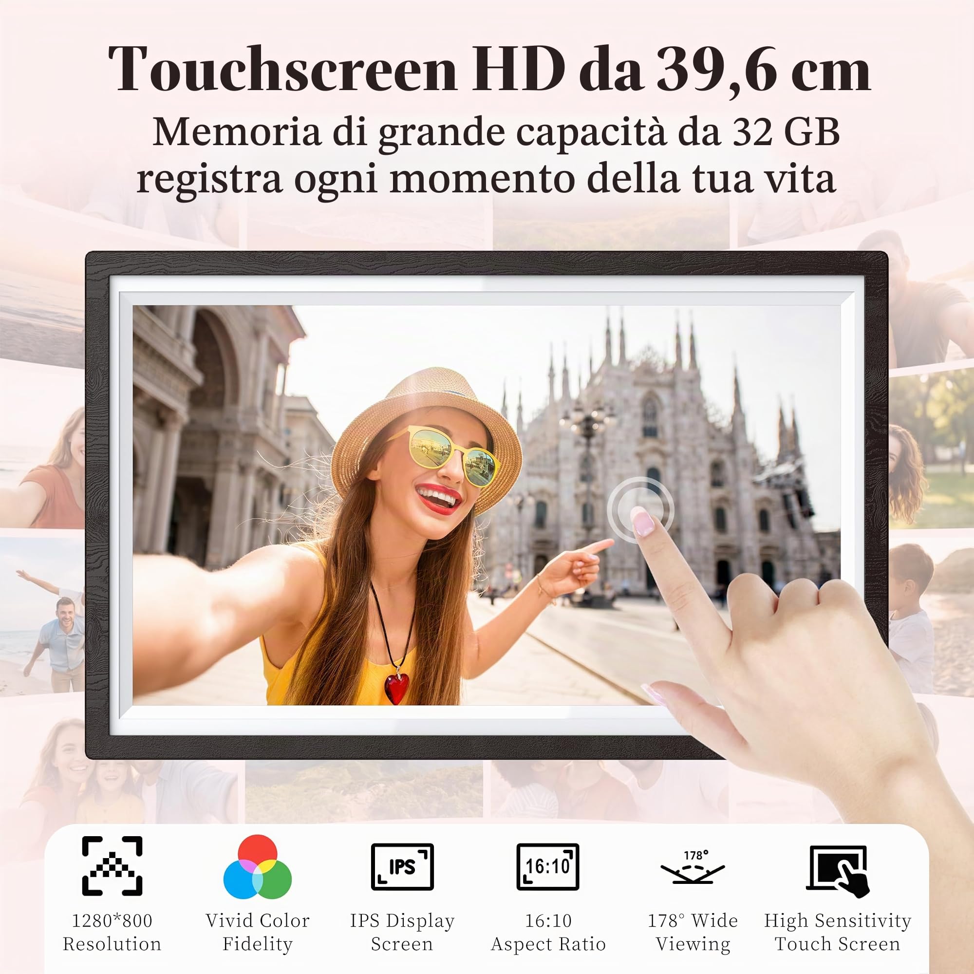 BYYBUO Cornice per foto digitale WiFi da 15,6 pollici, 1366 x 768 IPS Touchscreen, cornice digitale 32G noce marrone, condividere foto o video tramite l'app Frameo 2023