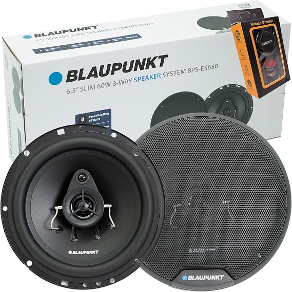 BLAUPUNKT BPS-ES650 6.5 3-Way Slim Car Speaker 120W with Grilles Sound, Space-Saving Design, Durable Pair Bundle with Gravity Magnet Phone Holder