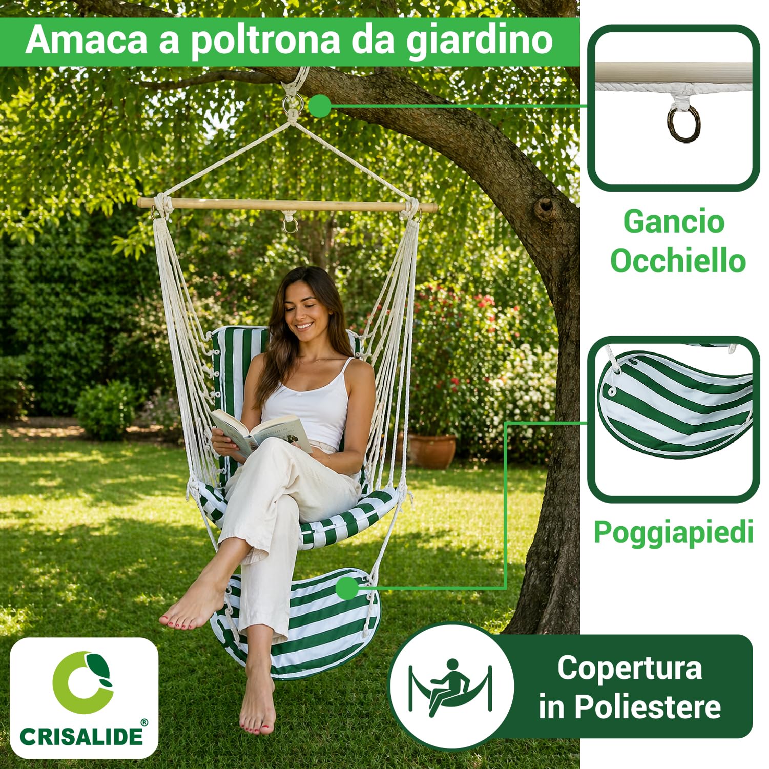 Crisalide® - Amaca a Poltrona da Giardino con Poggiapiedi, Sedia Sospesa con Barra in Legno, Copertura in Poliestere, Design Salvaspazio, Ideale per Terrazzo, Balcone e Giardino