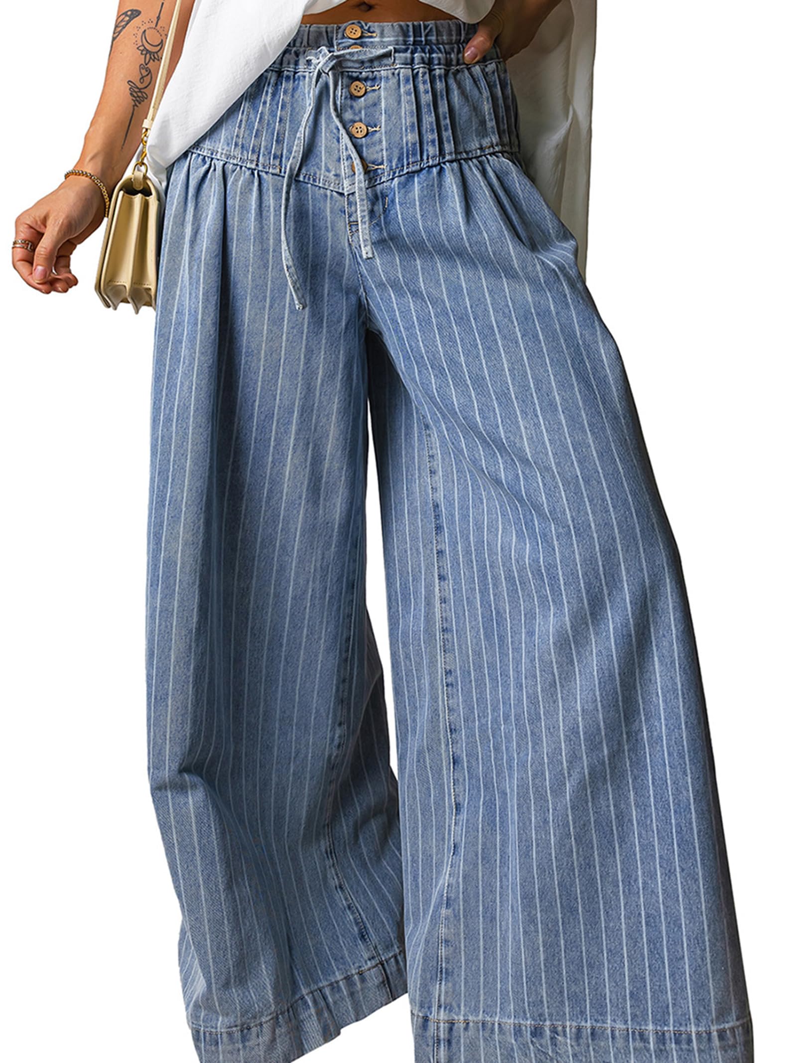 Jeans A Vita Alta A Campana da Donna con Fascia Elastica in Vita vestibilità Larga Stampa A Righe Pantaloni Denim A Gamba Larga