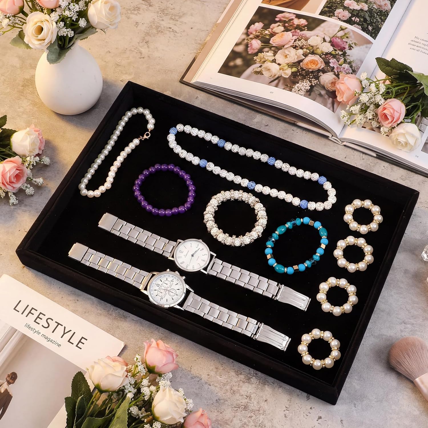 6 Pcs Velvet Stackable Jewelry Tray, Jewelry Organizer and Display for Bracelets Rings Earrings Necklaces, for Drawer and Countertop Showcase, Black