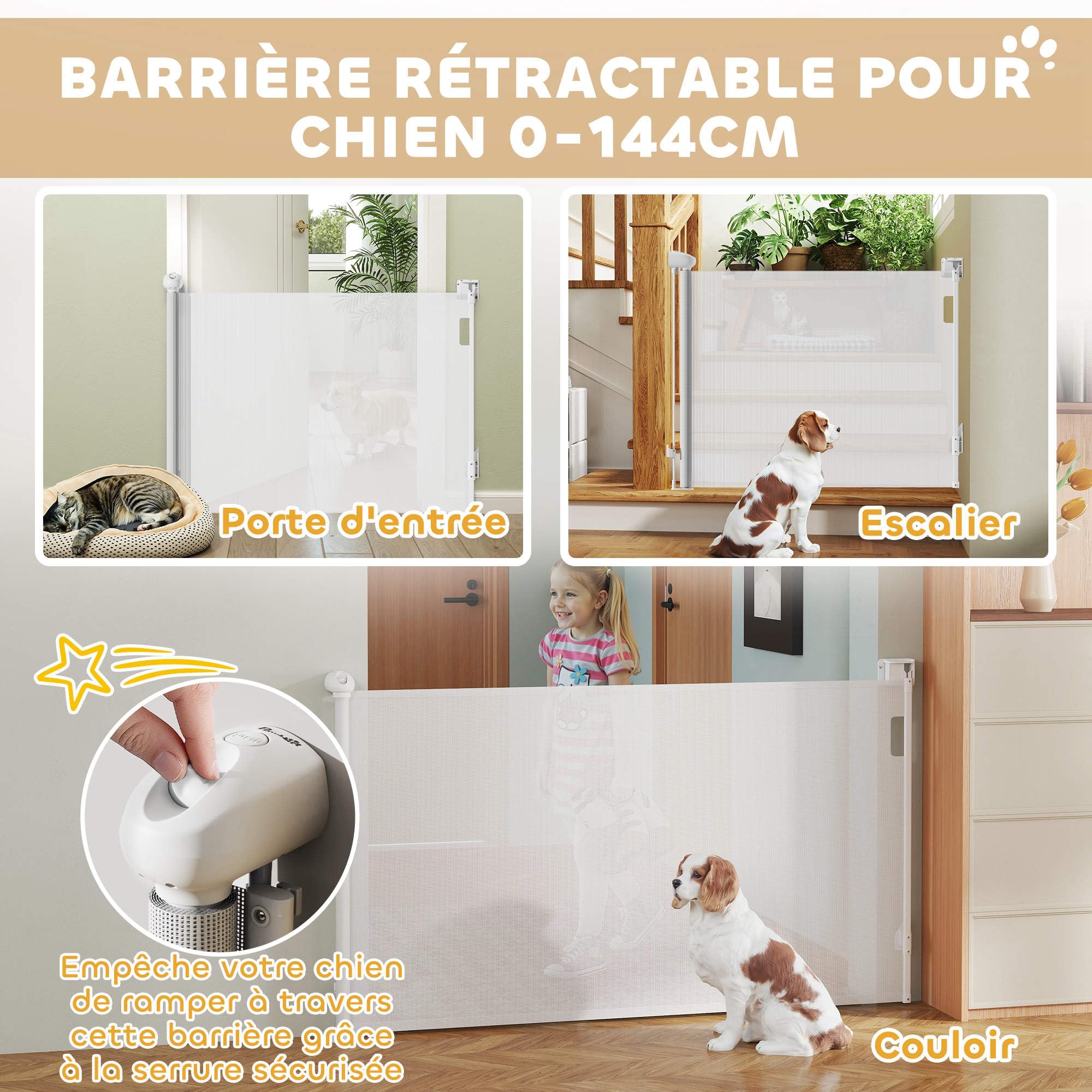 PawHut Barrière de sécurité Chien rétractable, Largeur 149 cm, Filet de Protection Extensible, barrière d'escalier et de Portes pour Chien Verrouillage Automatique, Blanc
