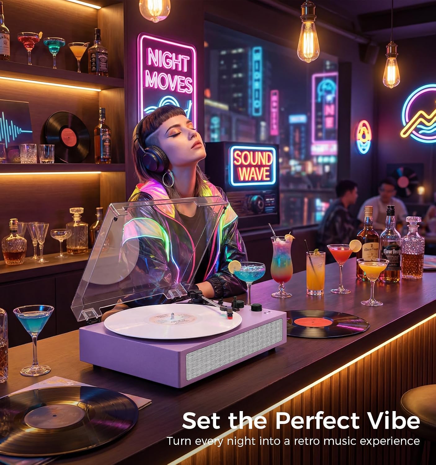 Bluetooth Vinyl Record Player, 3-Speed Belt-Driven Turntable with Built-in Stereo Speakers, Wireless Playback, AUX/RCA/Headphone Jack, Auto Stop, Vintage All-in-One LP Phonograph – Purple