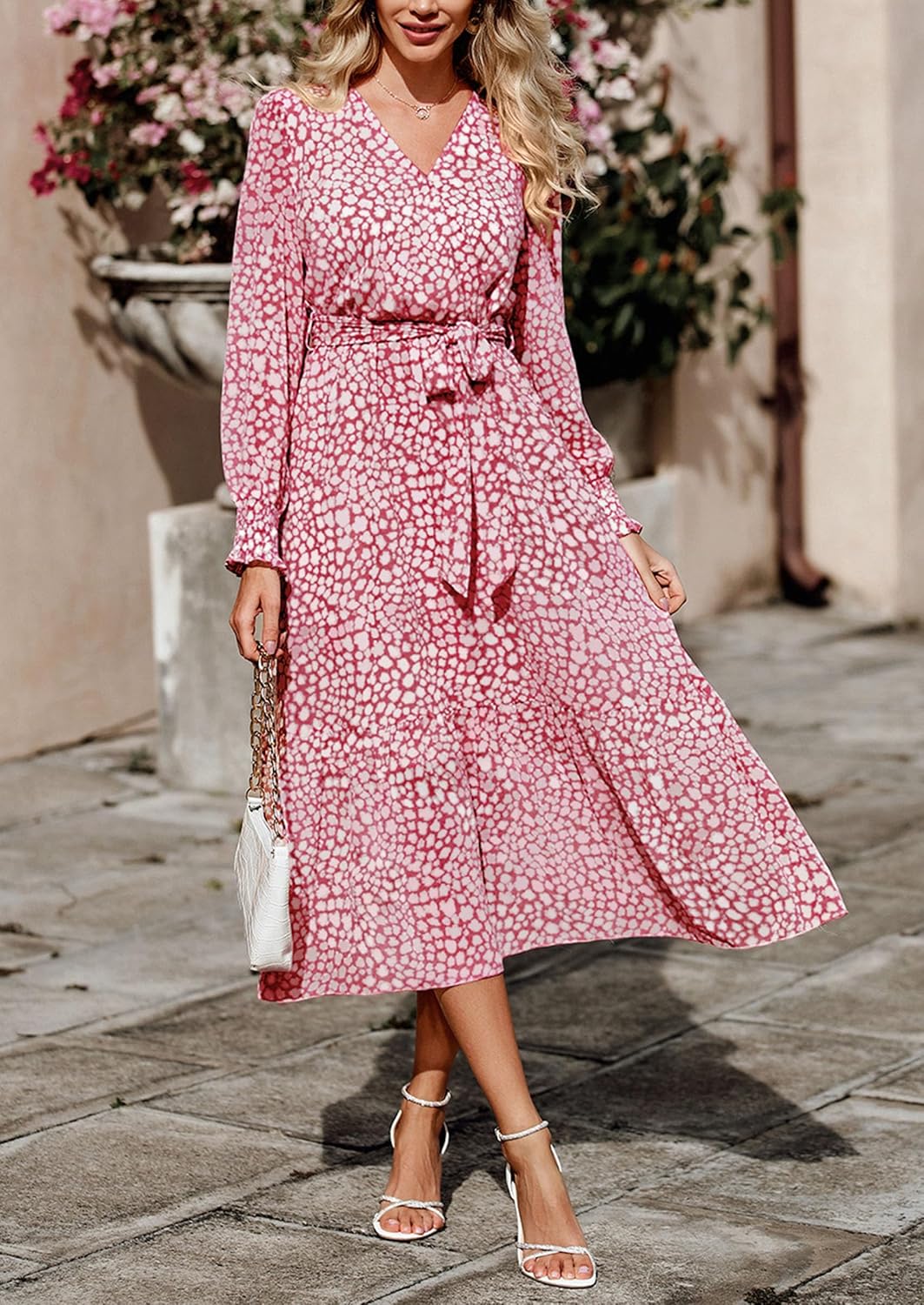 PRETTYGARDEN Women's Floral Boho Dress Fall Long Sleeve Wrap V Neck Ruffle Flowy Maxi Spring Wedding Guest Vacation Dresses - Image 3