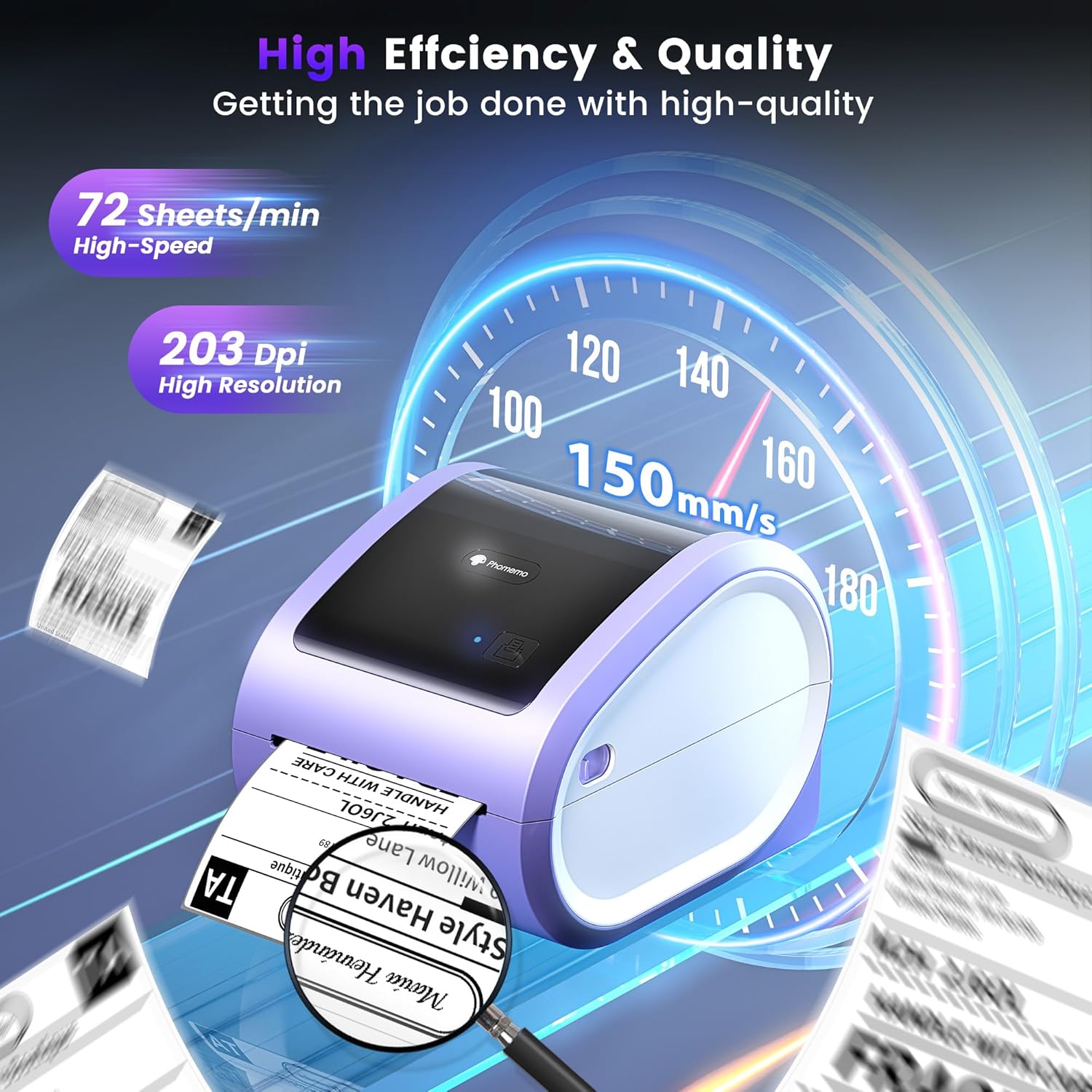 Graphic highlighting the performance features of the Phomemo D520BT: 72 sheets/min printing speed, 203 DPI high resolution, and 150mm/s print speed.