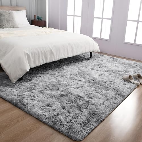 Miniatura 5 de TWINNIS Alfombras grandes de pelo largo de 6 x 9 pulgadas para sala de estar, dormitorio, teñido anudado gris claro, alfombras de felpa súper suaves