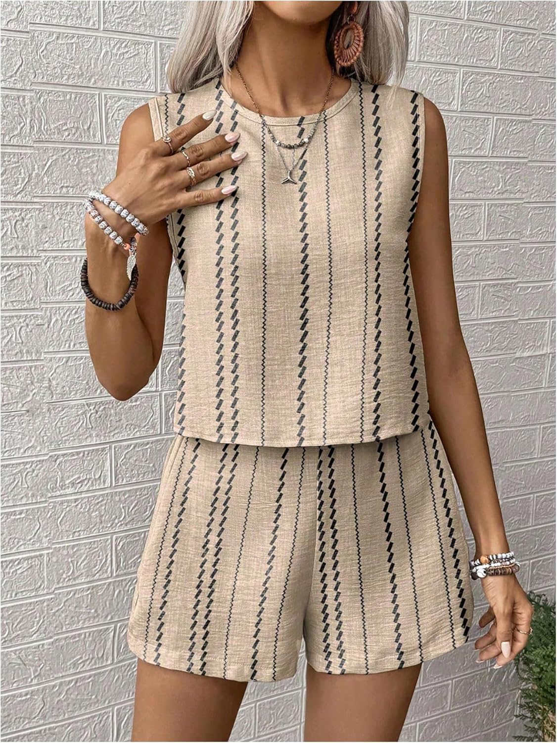 MakeMeChic Women's 2 Piece Outfits Striped Crew Neck Tank Top and Wide Leg Shorts Set - Image 4