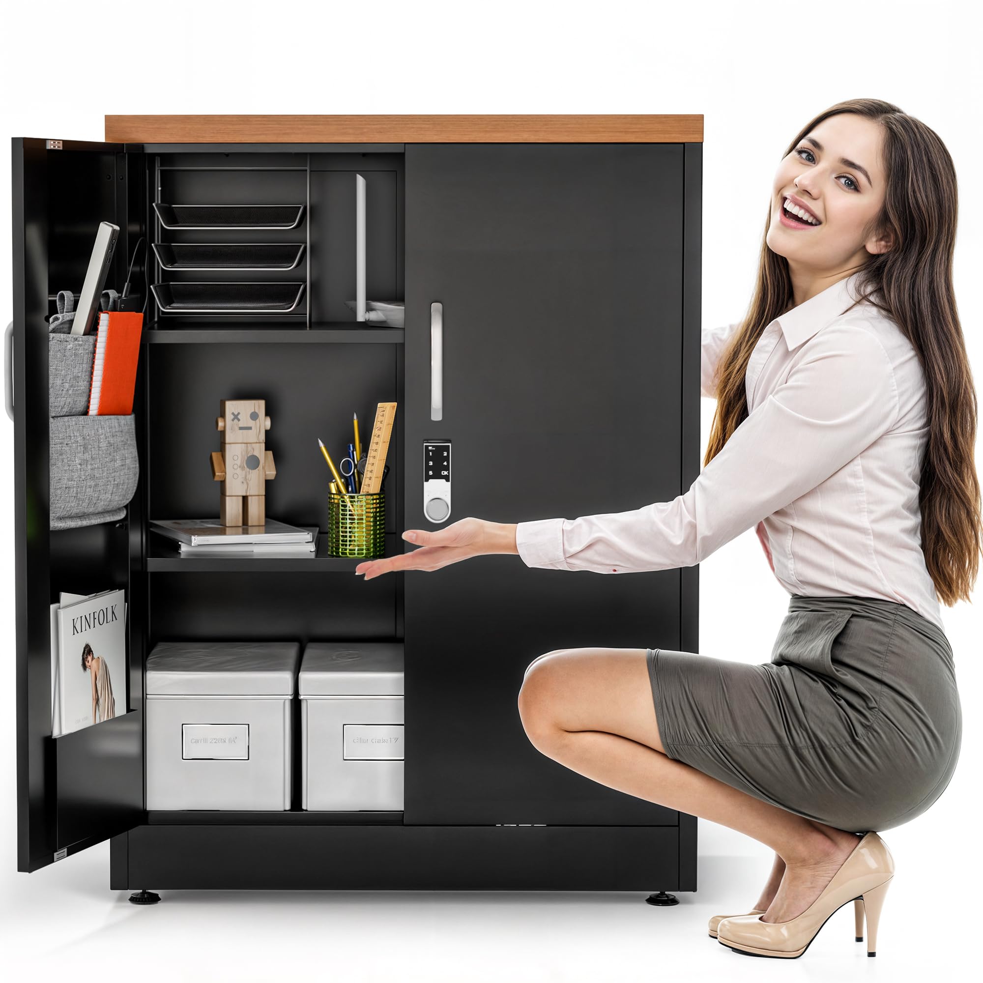 Metal Storage Cabinet, 40" H Small Cupboard with Digital Lock, Locking Storage Cabinet with Doors and Shelves (Black & Woodlike Top)