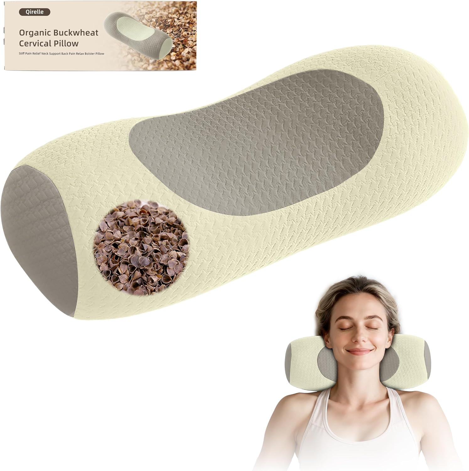 Organic Buckwheat Cervical Neck Pillow – Adjustable Neck Roll for Sleeping, Ergonomic Neck Support Bolster for Side & Back Sleepers, Pillow for Neck Pain Relief and Spine Alignment