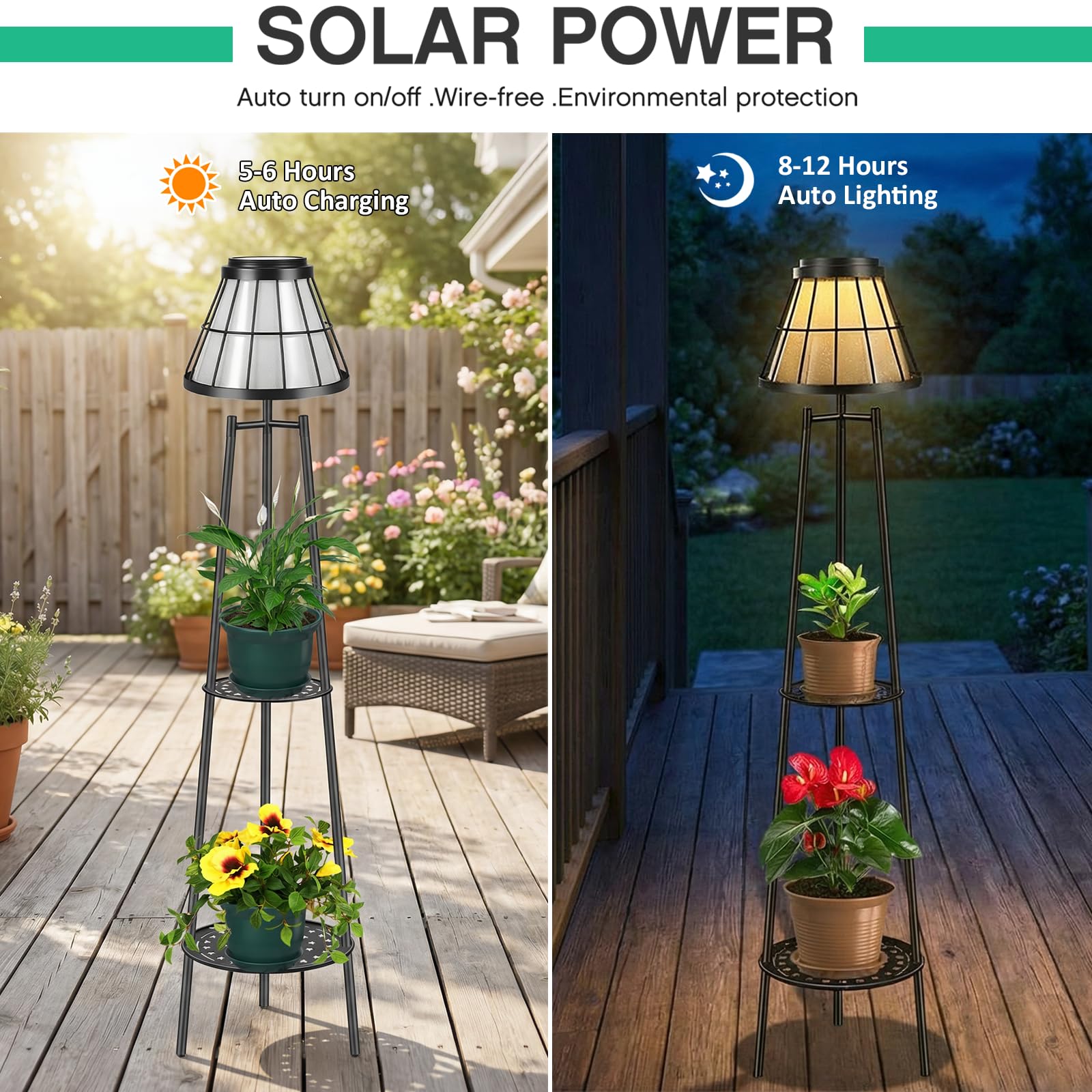 Paquete de 2 lámparas solares de pie de 45.5 pulgadas con soporte para plantas de 2 niveles, luces solares de metal impermeable para exteriores, estante de flores para patio, terraza, jardín, porche,
