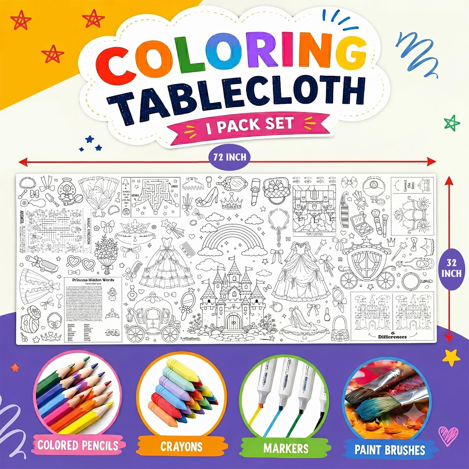 Princess Coloring Tablecloth, Party Giant Coloring Poster Tablecloth 31x72 image 2
