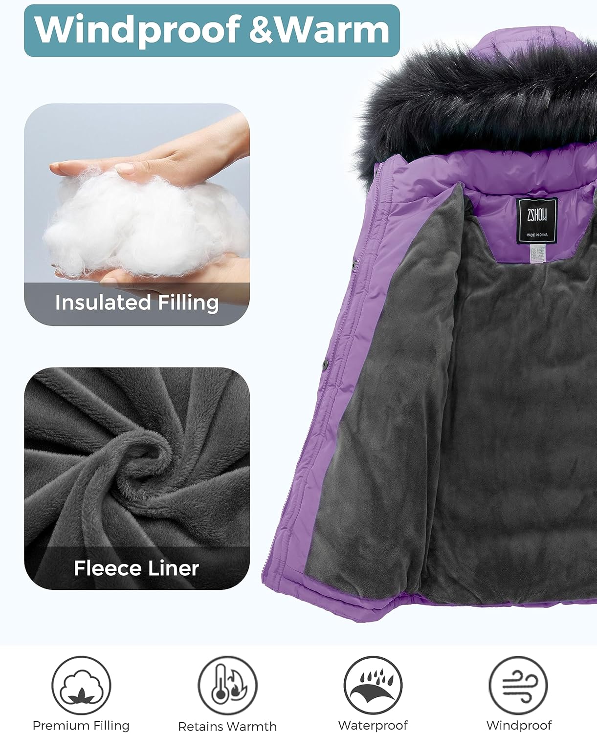 ZSHOW Girls' Puffer Jacket Soft Fleece Lined Warm Hooded Winter Coat - Image 4