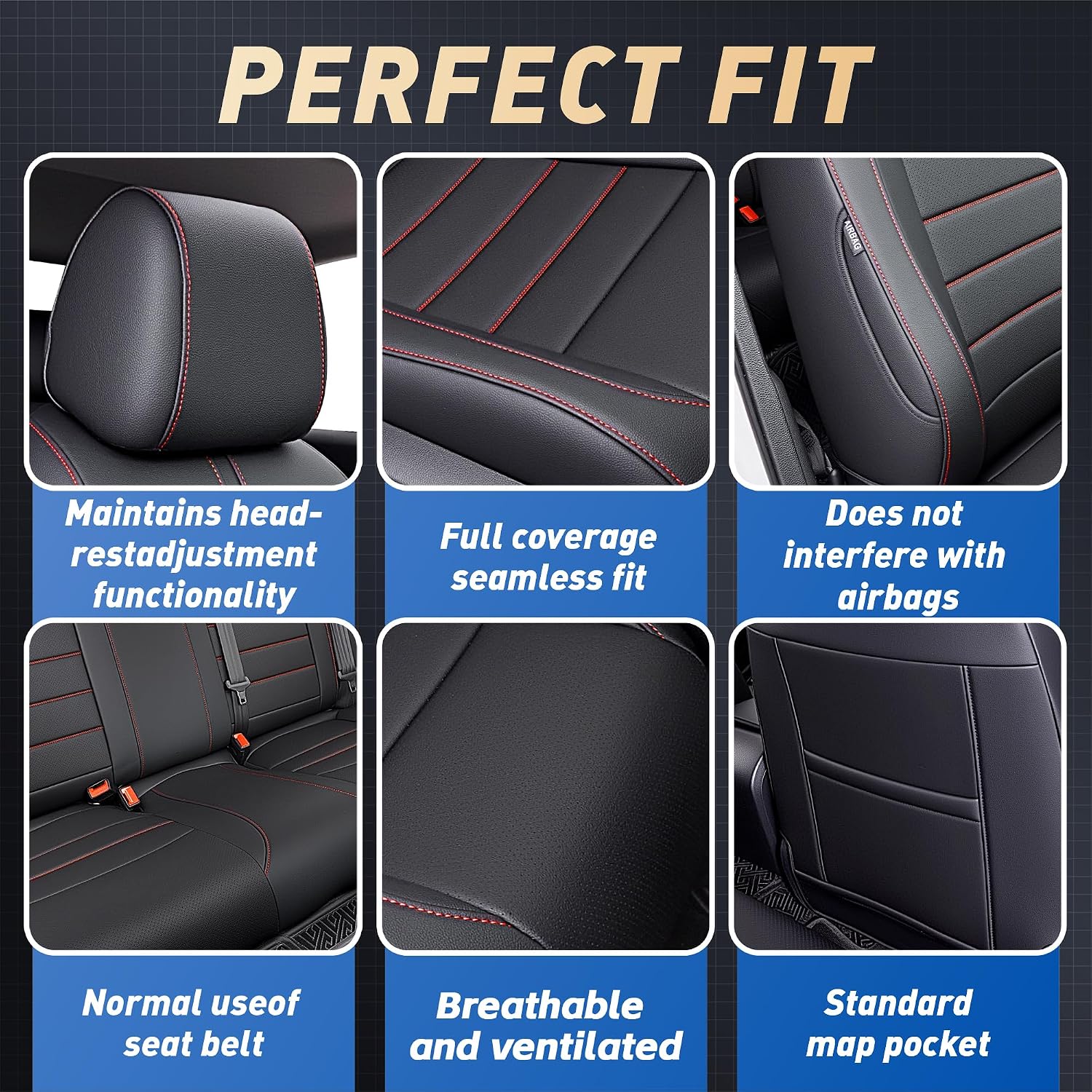 Seat Covers Fit Honda Civic Sedan 2022 2023 2024 EX and 2025 2026 Sport, Full Set Faux Leather, Water-Resistant Seat Protectors-Black with Red Trim