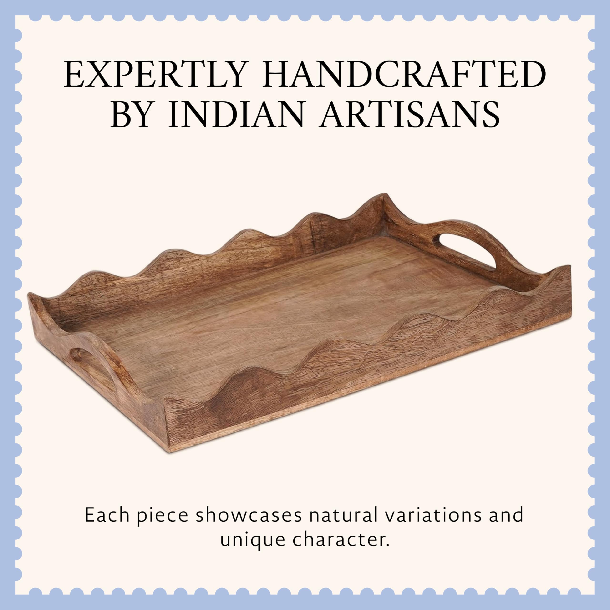 Mela Artisans Plateau de Service Ottoman en Bois | Taille M, festonné Blanc brûlé | Bois de manguier décoratif | pour Servir Le Petit déjeuner, d'autres Aliments, café et thé | Décoration d'intérieur