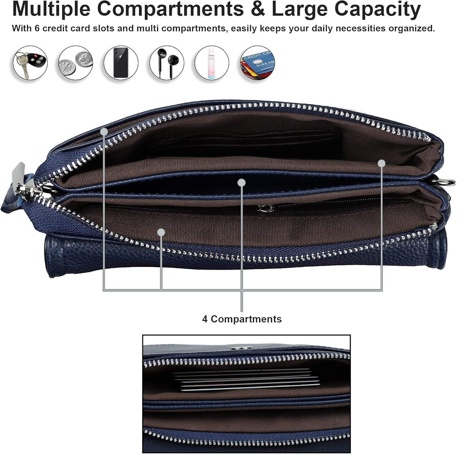 befen Genuine Leather Small Crossbody Bags for Women Cell Phone Bag Cross Body Purses,Silver Zipper - Image 4