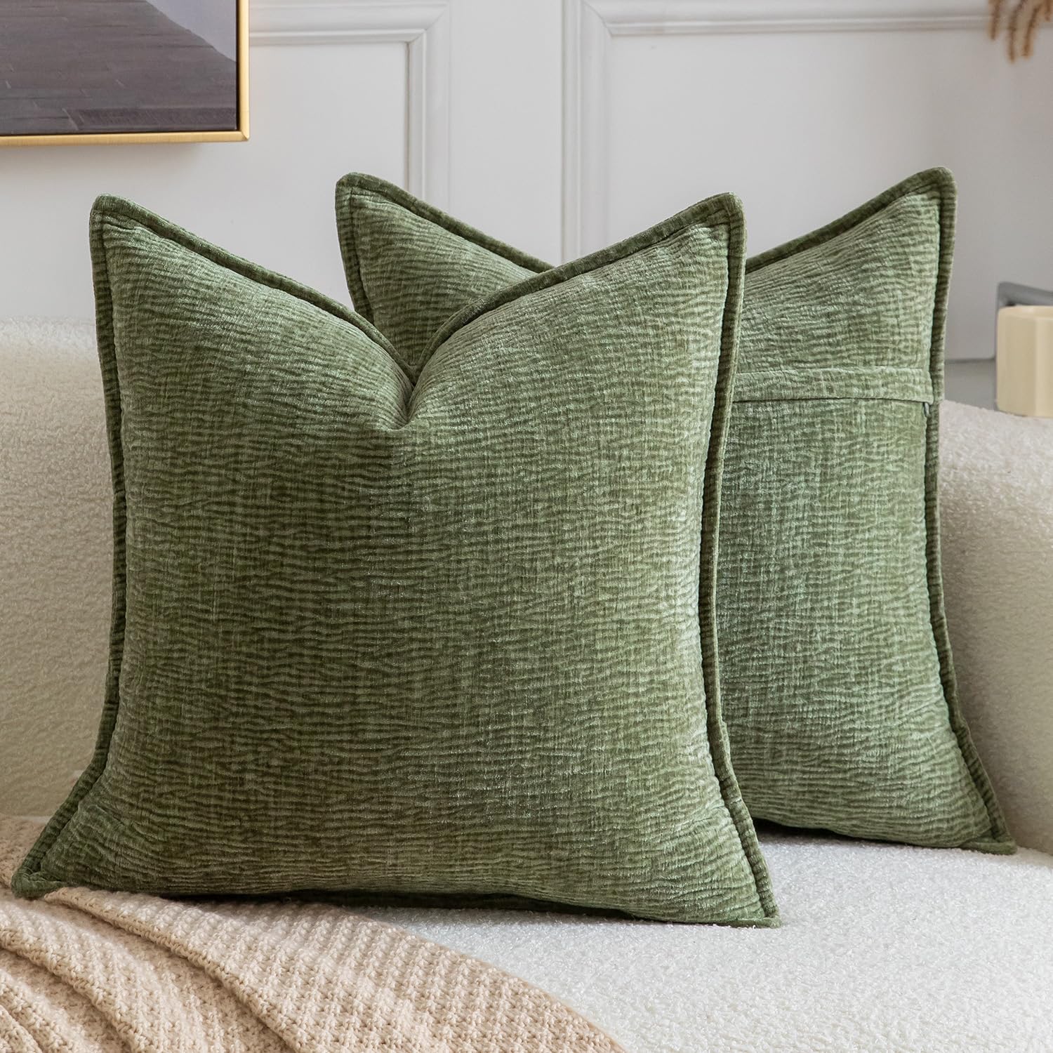 Madizz Pack of 2 Decorative Cushion Covers Soft Chenille Throw Pillows Solid Textured Throw Pillow Covers for Couch Sofa Bedroom Living Room 45x45 CM, Green โ image 1