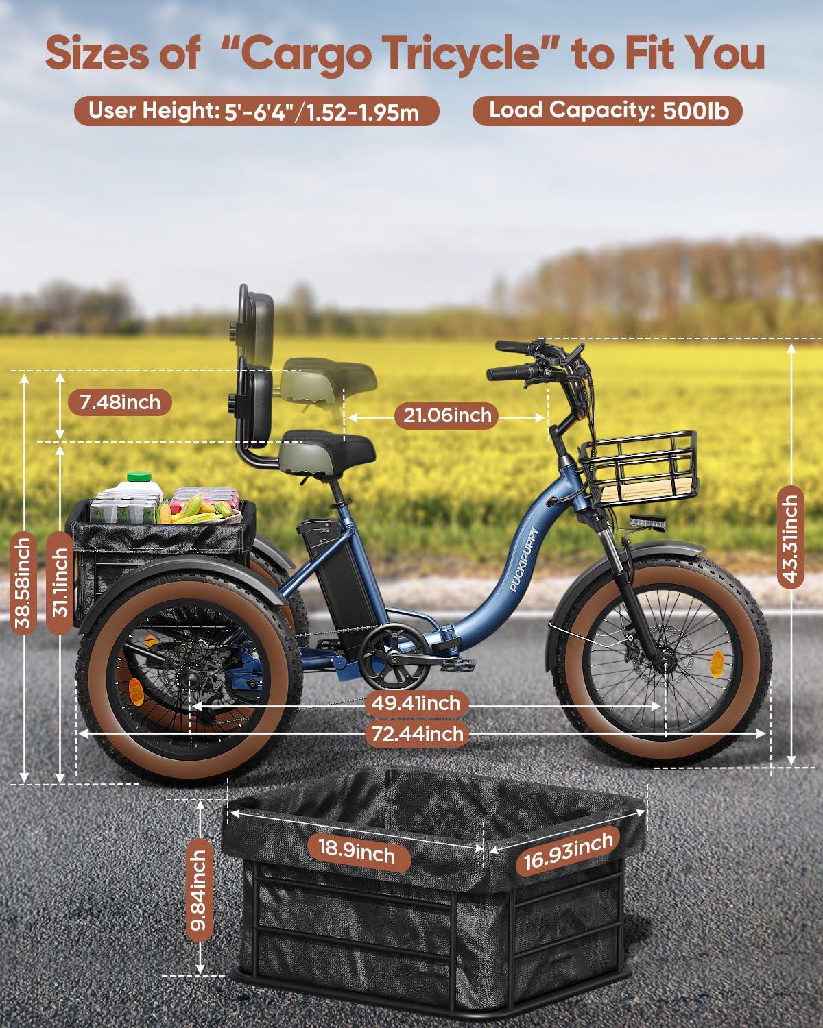 PUCKIPUPPY Electric Tricycle for Adults Alaskan, Rear Motor Electric Trike, 20" 6061 Aluminum Folding Ebike Frame, 3 Wheel Cargo Tricycle with Large Basket