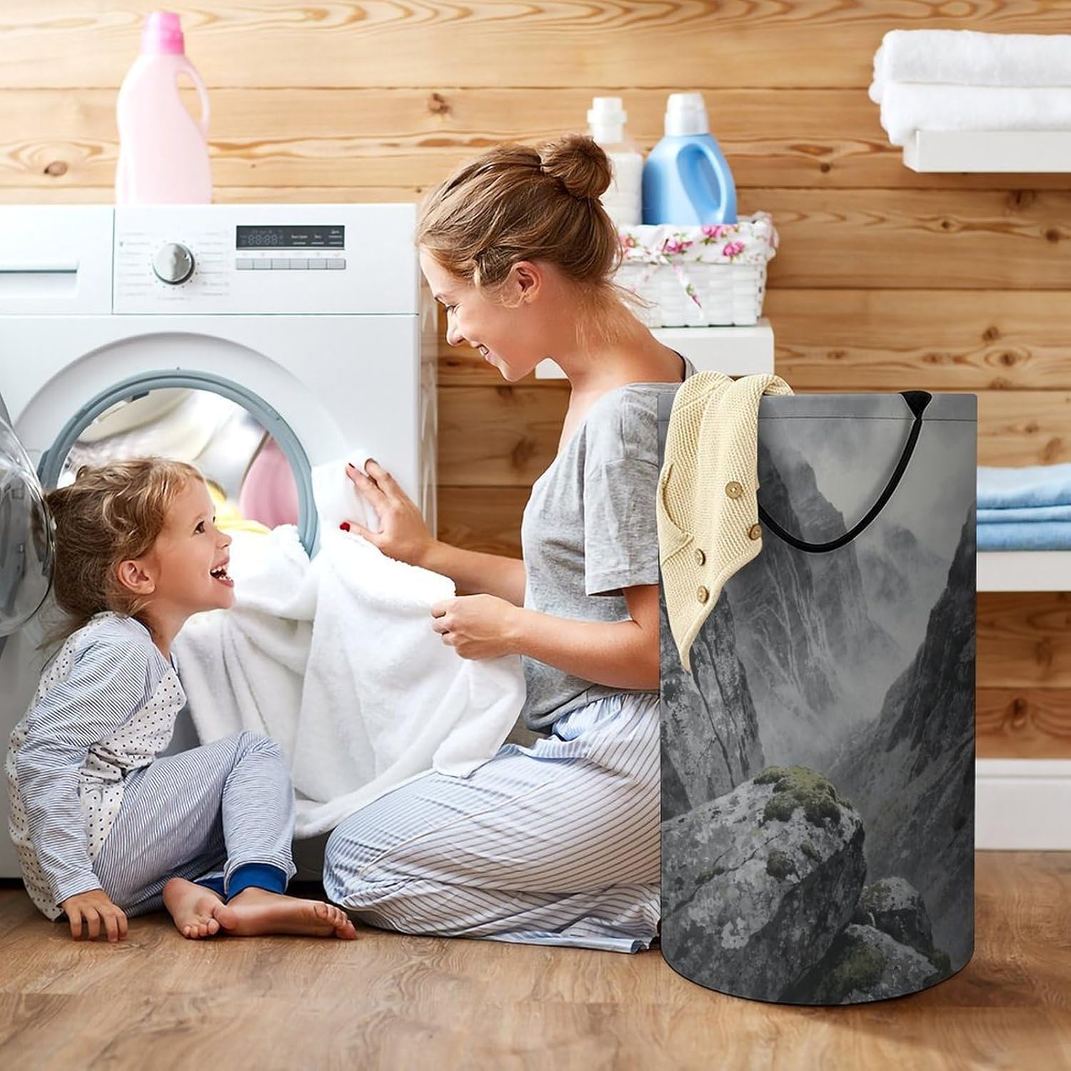 Grey Painting Laundry Hamper with Handles Waterproof Collapsible Laundry Basket Large Lightweight Round Dirty Clothes Hamper for Home Dorm Bathroom Decor