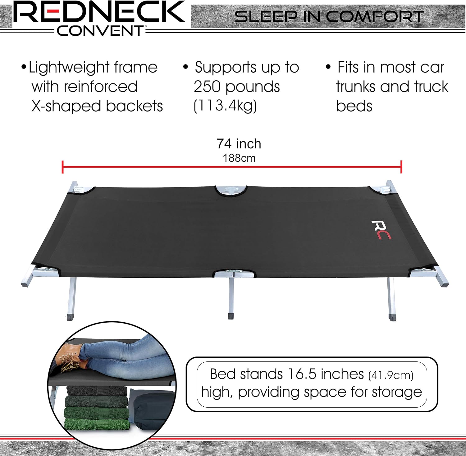 Redneck Convent RC Portable Camping Cot Adult Folding Bed - Black 6.2ft Backpacking Tent Cots Camping Furniture Sleeping Fold Up Bed : Sports & Outdoors