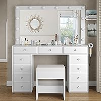 Yanosaku Makeup Vanity Desk with Mirror, 12 LED Lights, 11 Drawers, Charging Station & Stool - 3 Light Modes Adjustable White