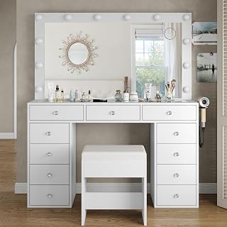 Yanosaku Makeup Vanity Desk with Mirror, 12 LED Lights, 11 Drawers, Charging Station & Stool - 3 Light Modes Adjustable White