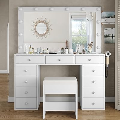 Vanity Desk & Power Outl, Makeup Vanity with Mirror and 12 LED Lights, Makeup Table with 11 Drawers, Vanity Table with Chair,Set 3 Lighting Modes Brightness Adjustable-(White)