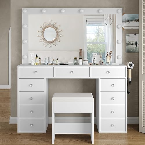 Yanosaku Vanity Desk & Power Outl, Makeup Vanity with Mirror and 12 LED Lights, Makeup Table with 11 Drawers, Vanity Table with Chair,Set 3 Lighting Modes Brightness Adjustable-(White) - White - 47'' W