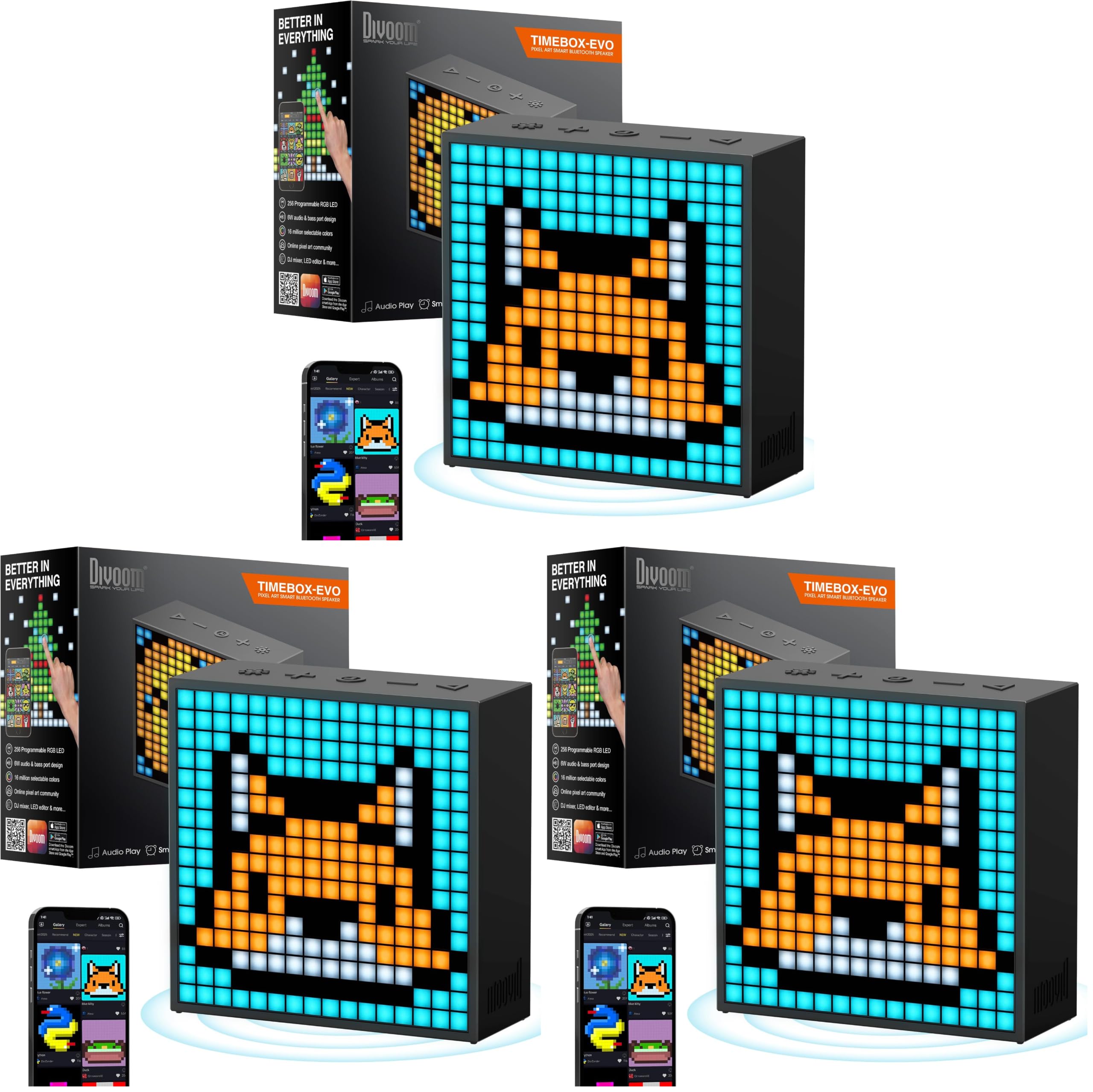 Divoom TimeBox Evo - Pixel Art Bluetooth Speaker with 16x16 LED Display APP Control - Cool Animation Frame &amp; Gaming Room Setup &amp; Bedside Alarm Clock- Black (Pack of 3)