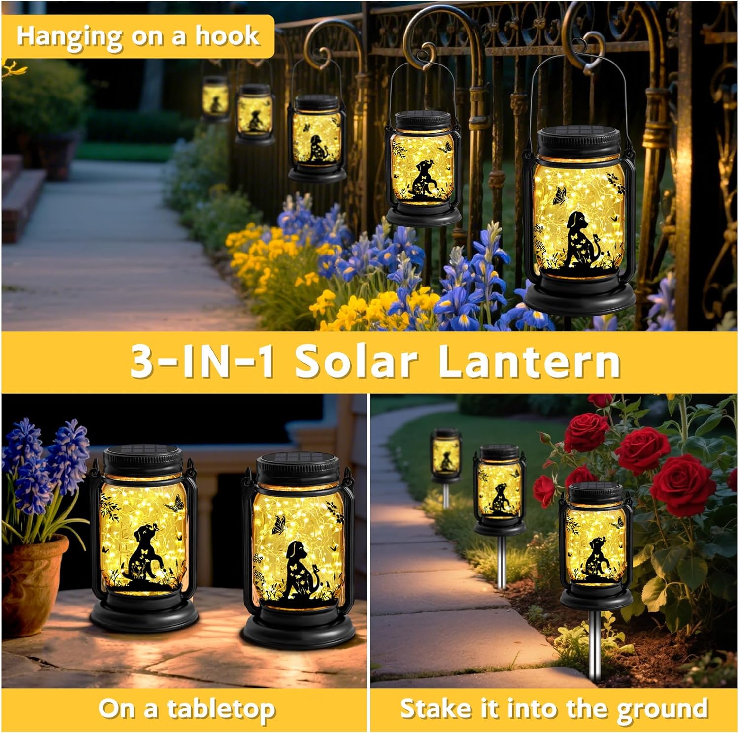 2 Pack Dog Solar Lanterns 3-IN-1 Outdoor Waterproof - Birthday Gifts for Dog Lovers Women Mom Christmas, Mason Jar Hanging Lanterns with Stake, Garden Decor Lights for Patio Yard Balcony Decorations