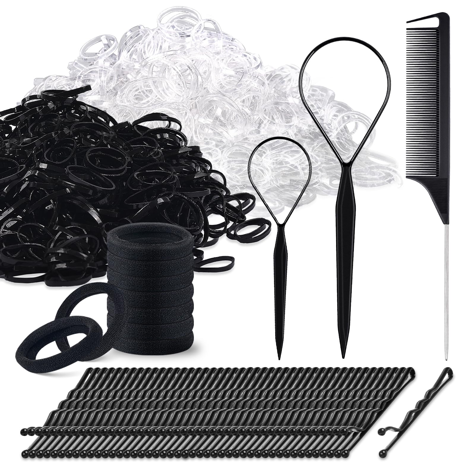 1000Pcs Elastic Hair Ties, IKOCO Small Rubber Bands for Girls Including 500 Clear and 500 Black Elastics, 2 Topsy Tail Tools, 40pcs Bobby Pins, 10 Black Ties and 1 Comb