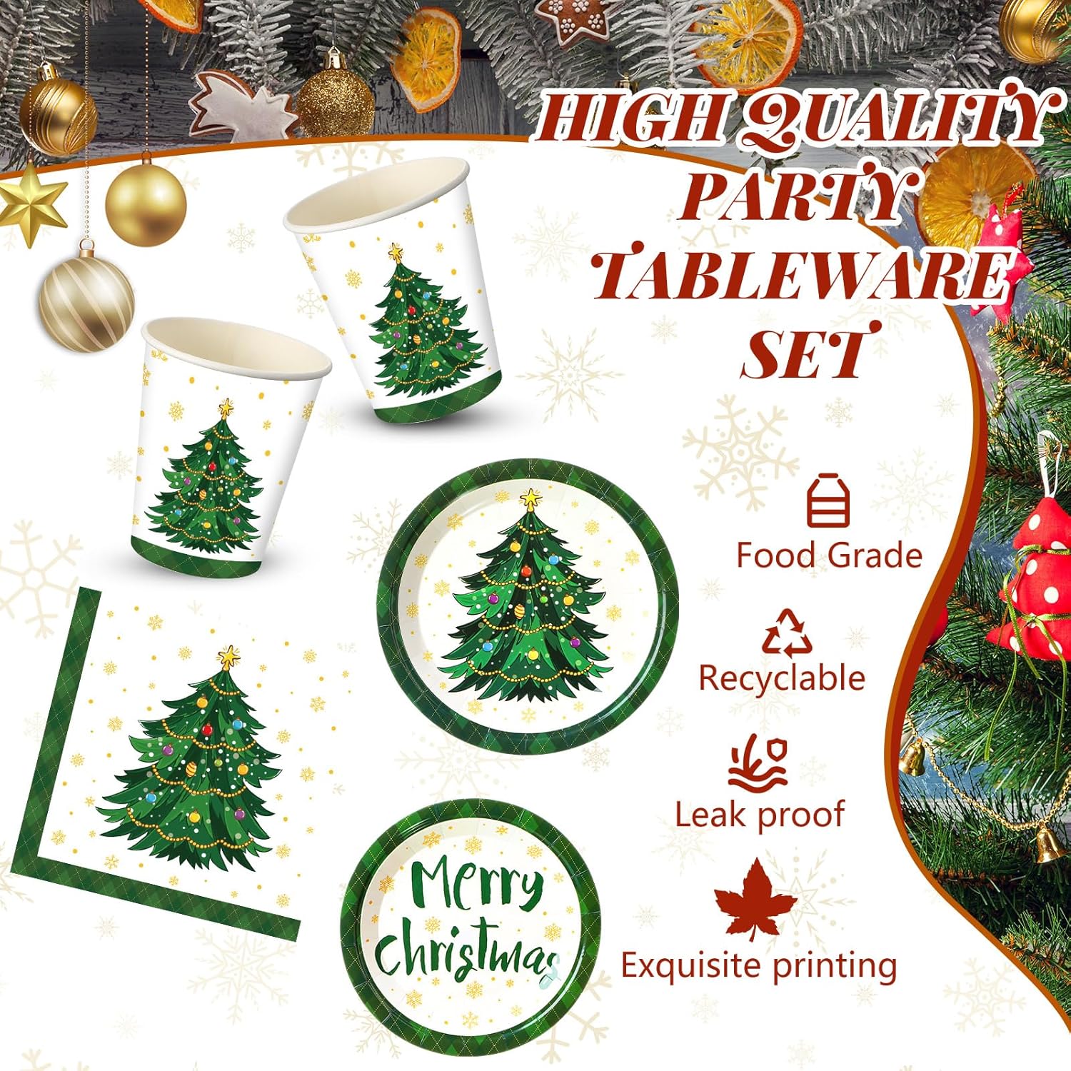 Nitial 240 Pcs Paper Plates and Napkins Serve 30 Guests Christmas Party Supplies Disposable Xmas Tableware Set Plates Napkins Cups with Knife Fork Spoon(Green,Christmas Tree Style)