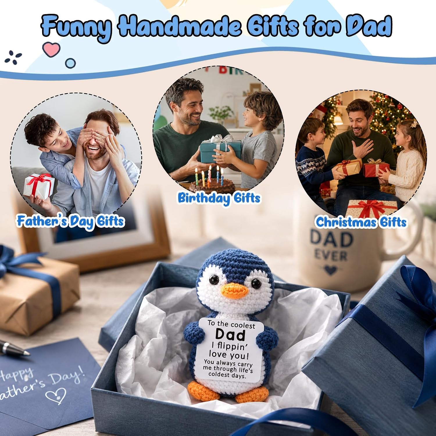 Fathers Day Dad Gifts from Daughter Son, Mini Dad Birthday Gift Father's Day Card Decoration Ideas Funny Daddy Gift Bonus Step New Single Best Dads Ever Present Christmas 2026 Handmade Crochet Penguin