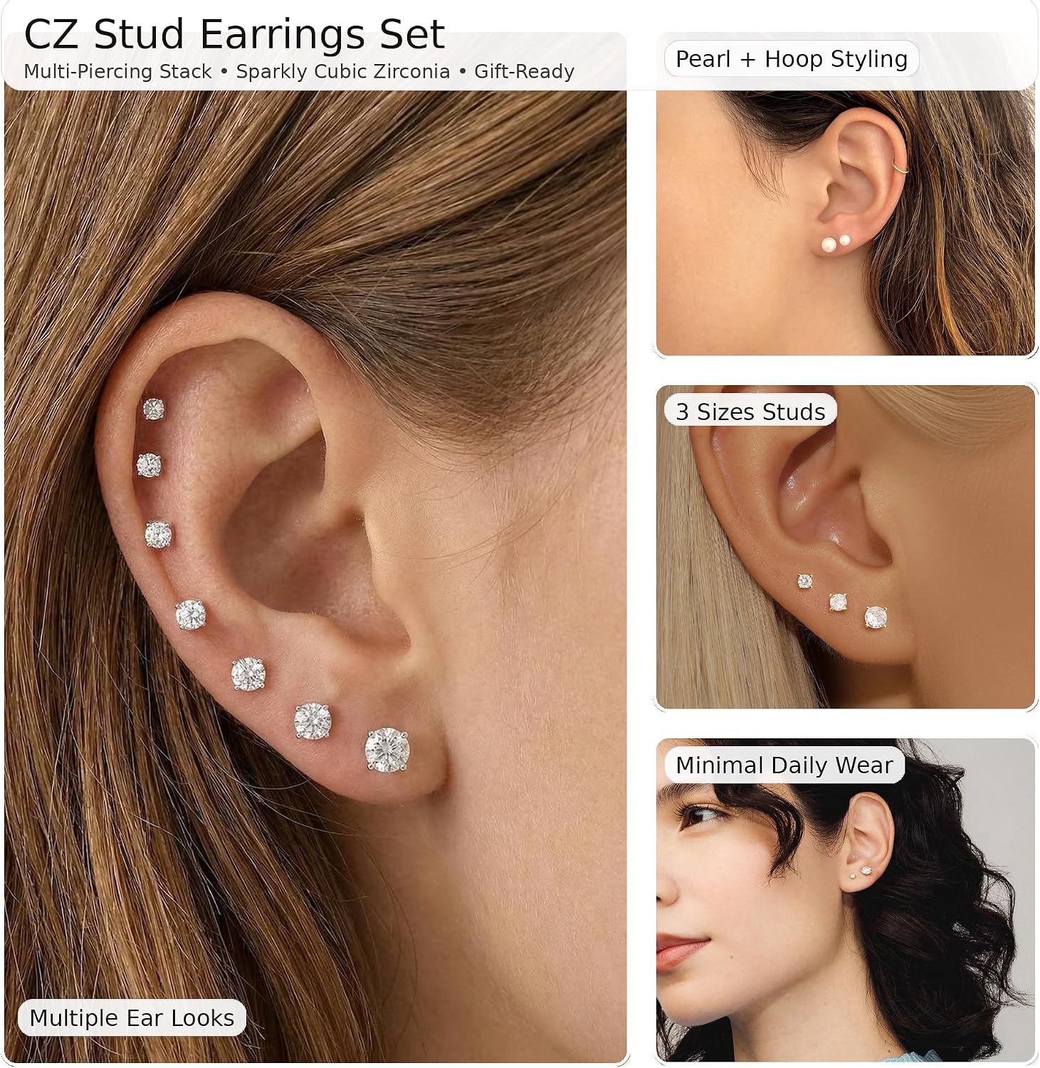 10 Pairs 14K Gold Plated Stud Earrings for Women, Pearl Ball Cubic Zirconia Hypoallergenic Jewelry Sets Piercing Studs Earrings for Women Gift