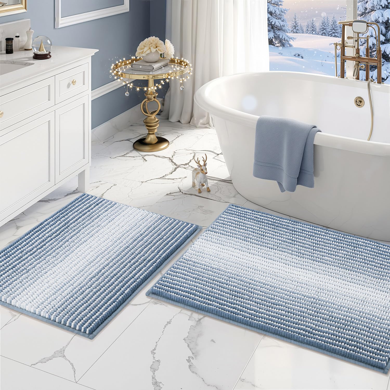 BSICPRO Bathroom Rugs and Mats Sets 2 Piece Thick Absorbent Chenille Bath Mat Rug Set Non Slip Soft