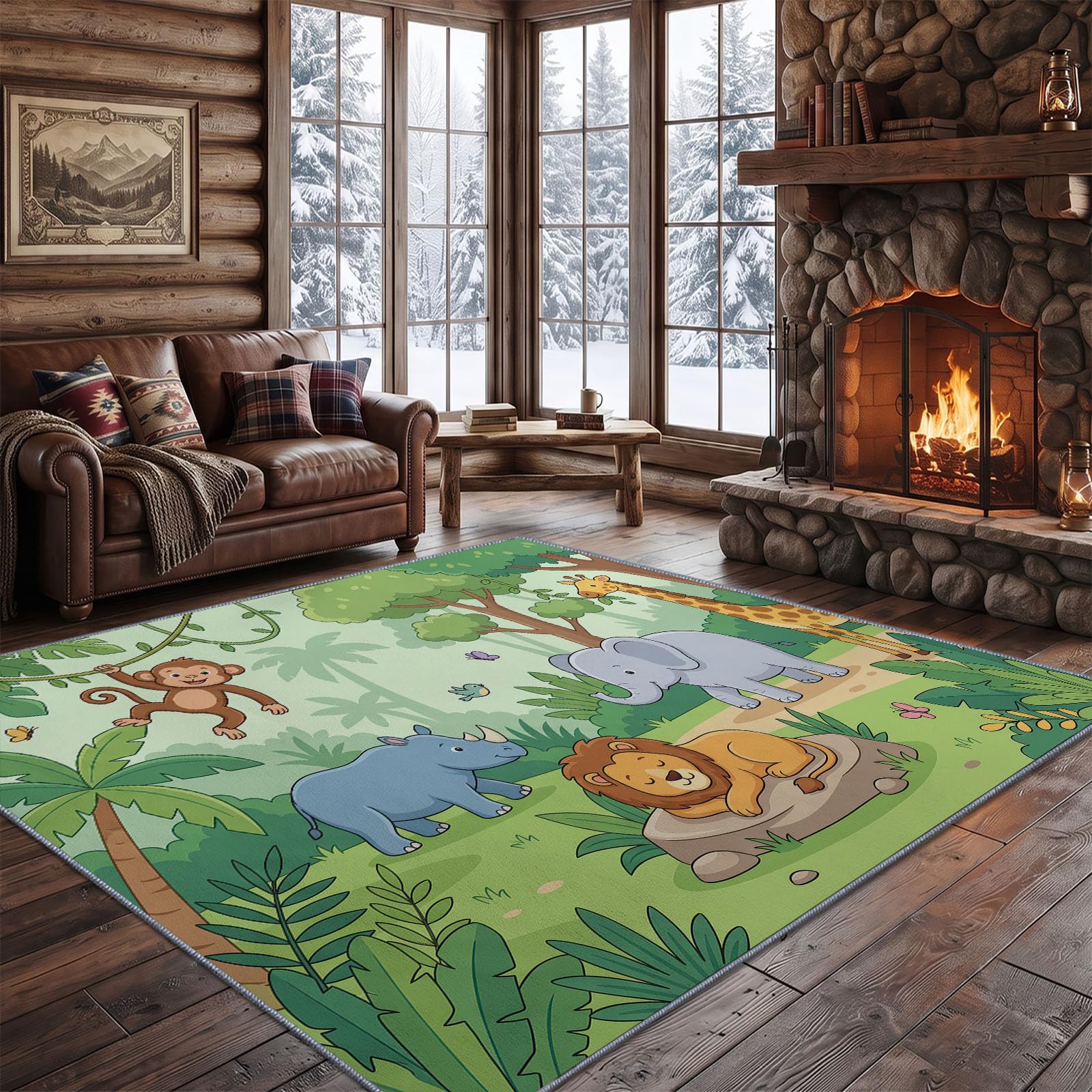 Tapis Salon Cartoon, Moquette Lavable en Machine, 90 x 120 cm | Animal Lion Éléphant Tapis avec Dessous Antidérapant, Tapise Décoratif pour Chambre, Cuisine, Entrée et Maison,Vert