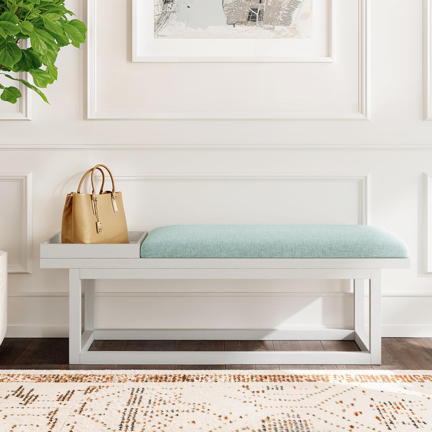 Powell Oakland White Washed Wooden Bench with Aqua Upholstered Seat and Removable Wood Tray