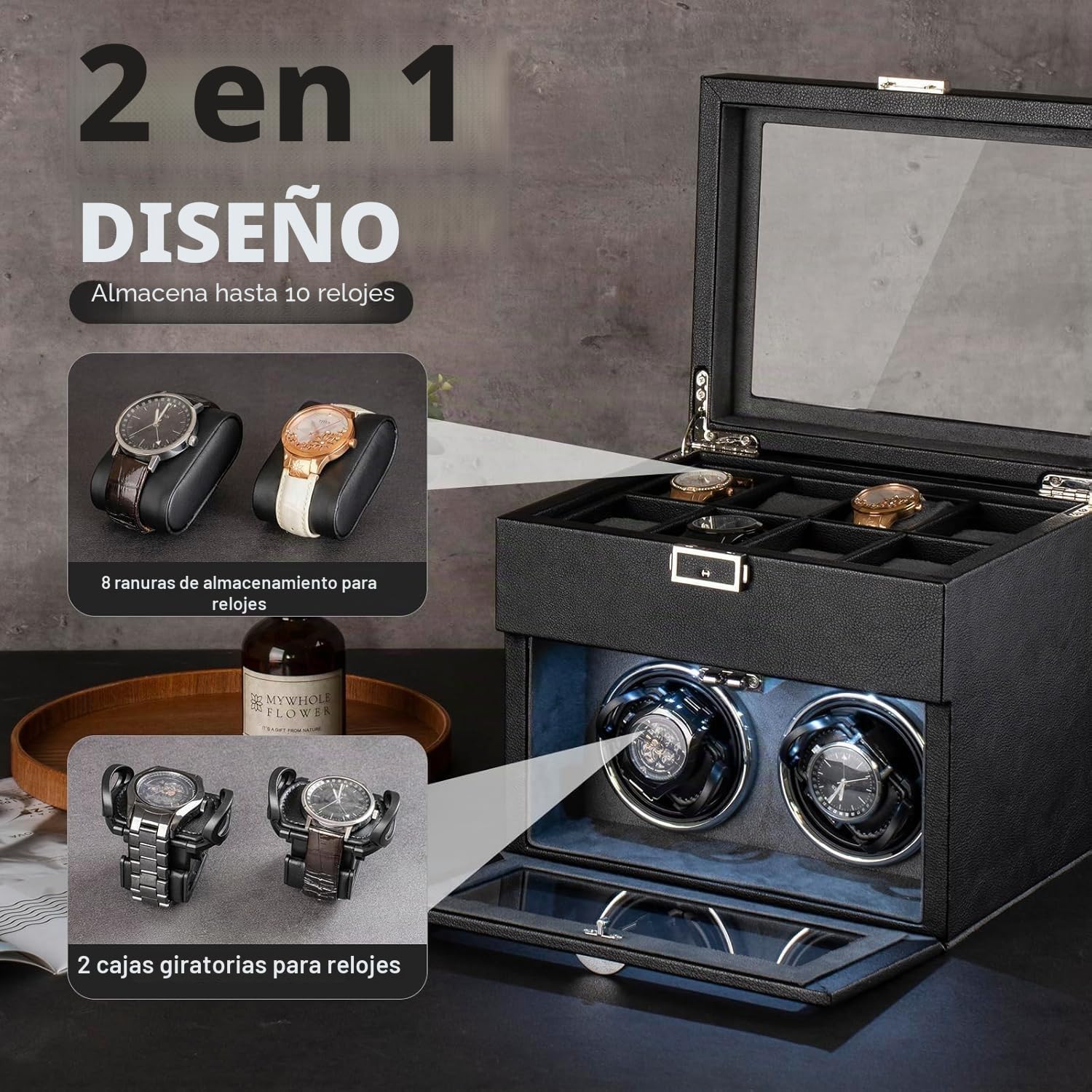 HEYOUTH Caja Relojes Automáticos con LED, 2+8 Compartimentos para Relojes y Joyas, Motor Silencioso, Giratoria Automática