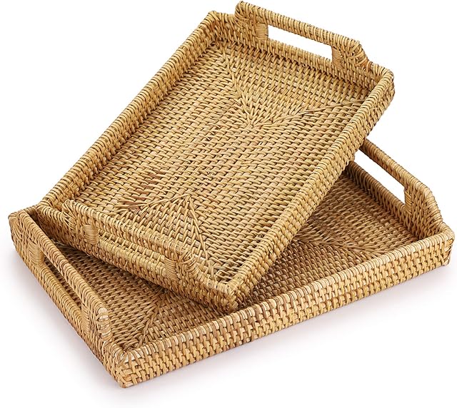 Sumnacon Set of 2 Rectangule Rattan Woven Serving Tray Decorative Display Tray Storage Platters with Handle Table Desktop Organiser Tray for coffer,Drink,Breakfast,Tea,Candle (30*20cm + 34*24cm)