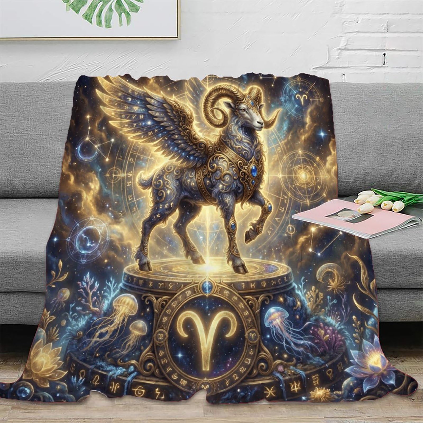 W7C8U2X3 Aries Zodiac Golden Ram for Soft Throw Blanket, Camping Car Travel