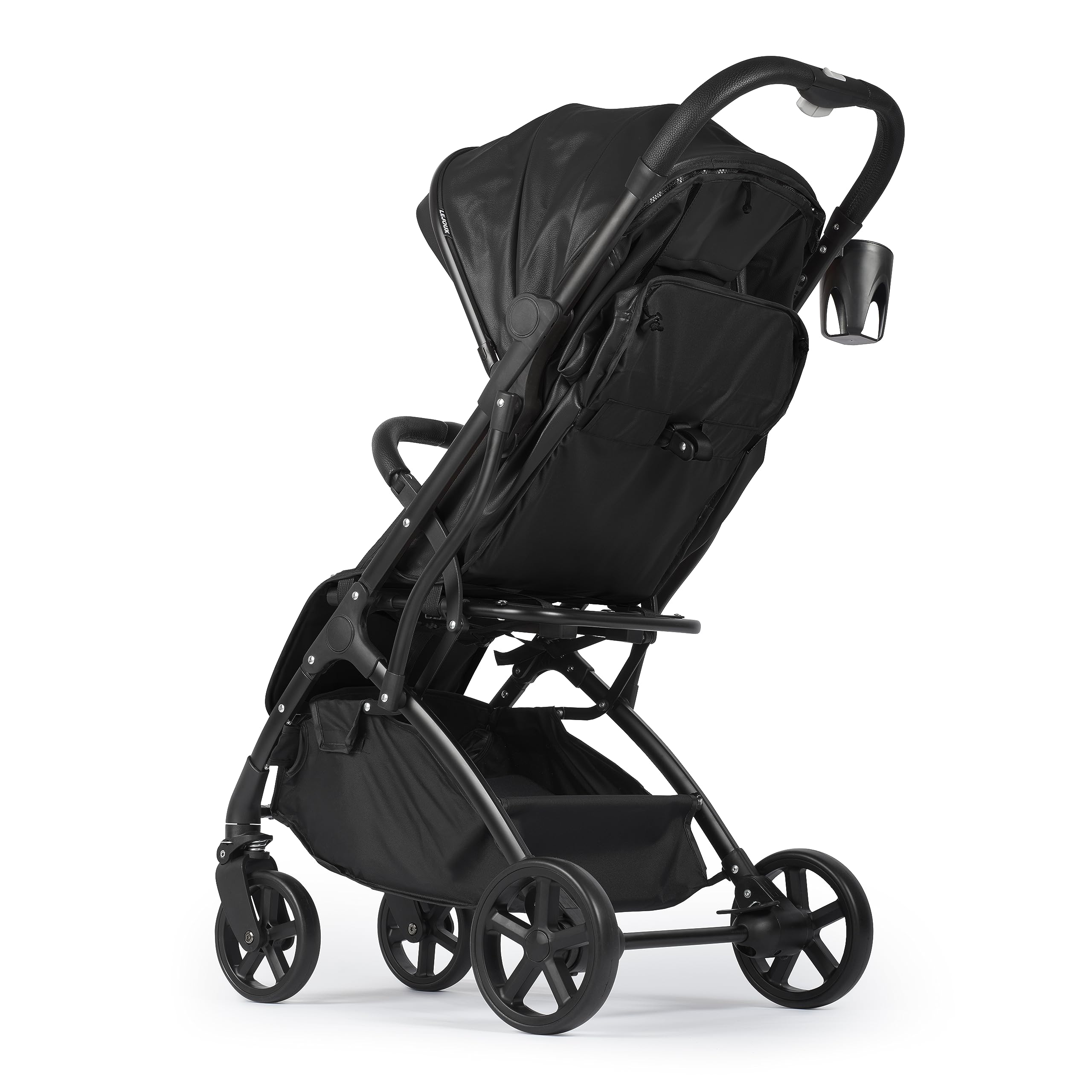 Lejoux Poussette bébé – Poussette de voyage légère pliable harnais 5 points, dossier de siège réglable et panier surdimensionné pliable 1 main – Roues pivotantes lisses Housse de pluie en cuir noir