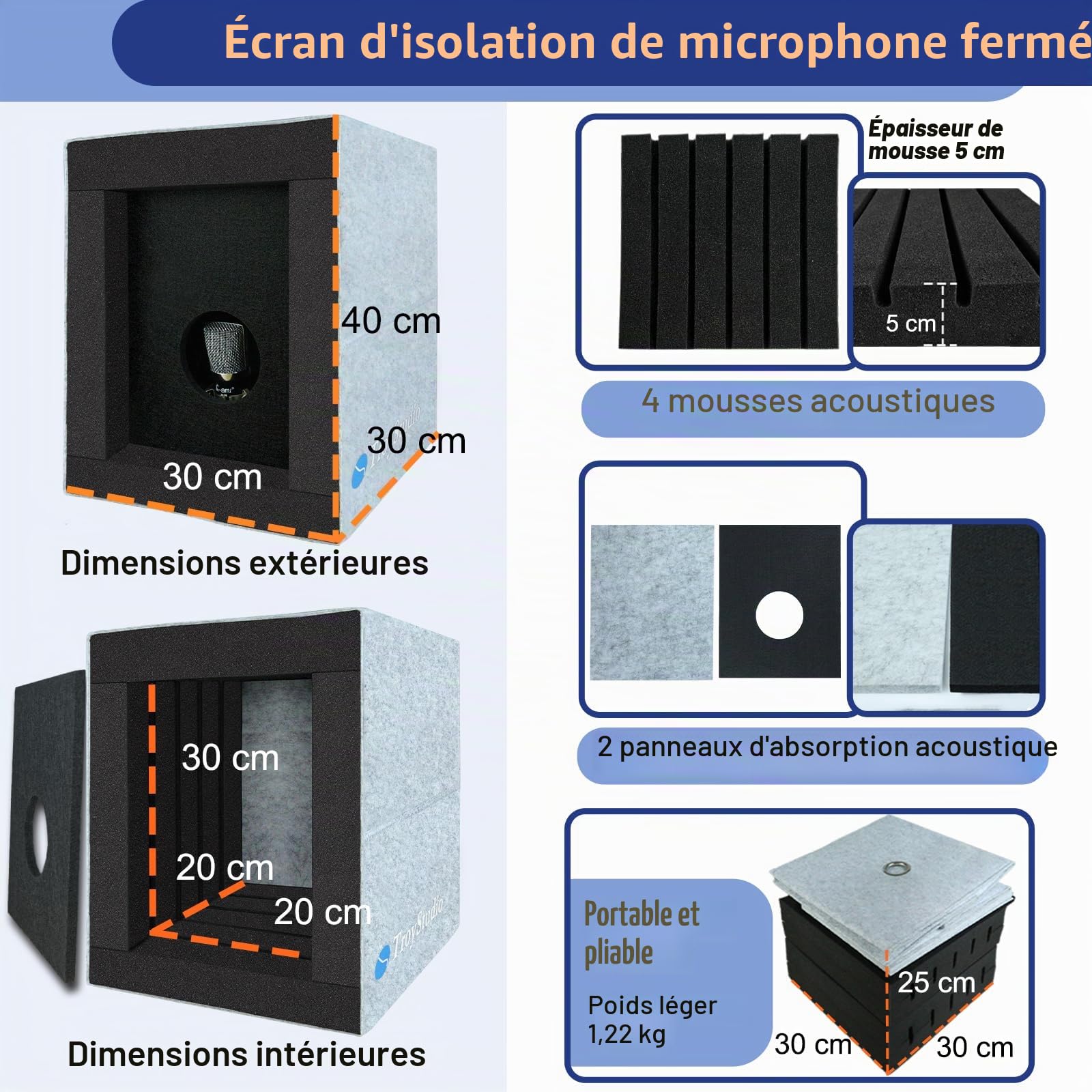 BXI Cabine vocale fermée, boîte d'isolation pour microphone portable, filtre réfléchissant pliable avec mousse acoustique et panneaux, enregistrement sonorisant, équipement de studio à domicile pour