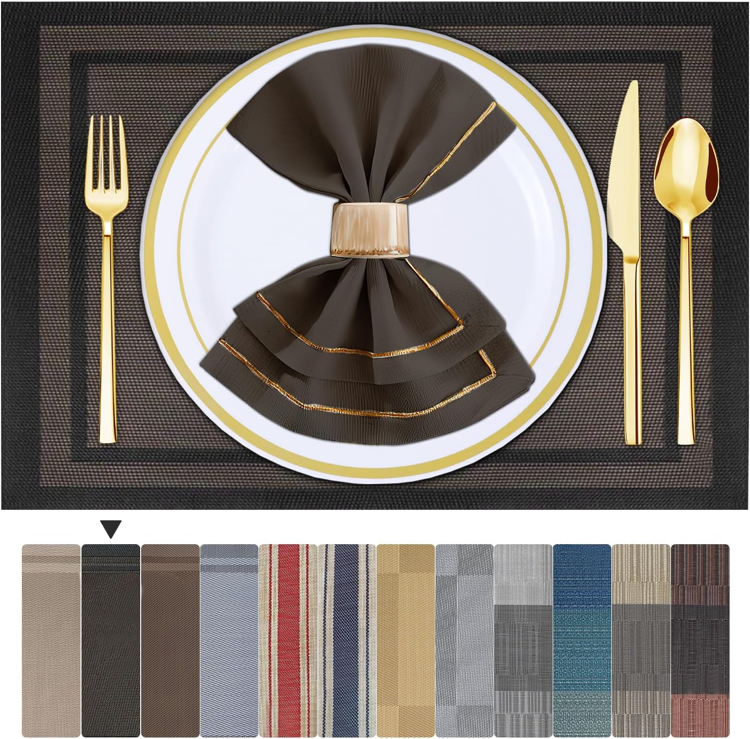 Black Gold Table Mats Set of 4 Woven Vinyl Place Mats for Dinner Table - Washable & Durable Indoor/Outdoor Use - 4 Pcs
