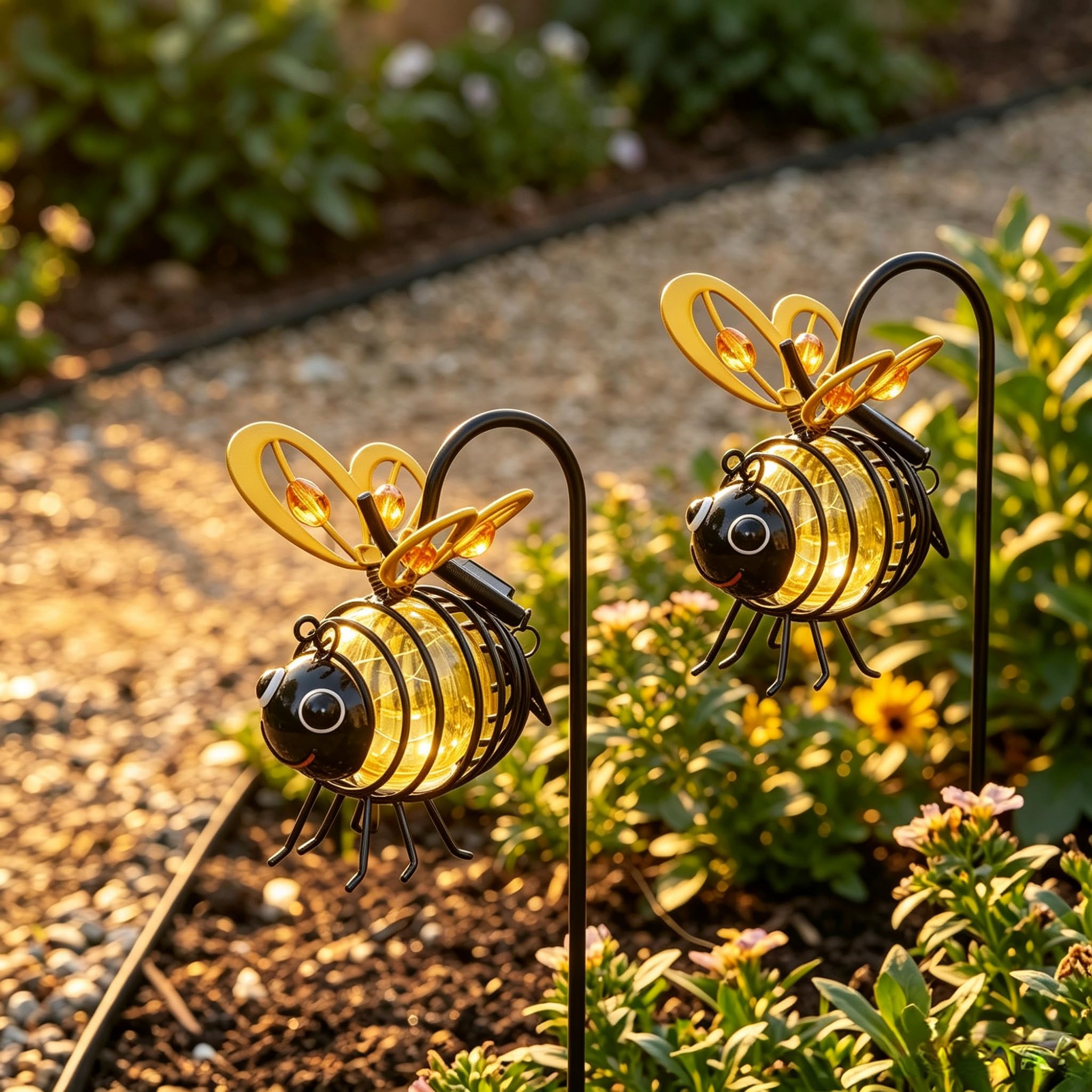 2PCS Bee Solar Lights Outdoor Garden, Metal Solar-Powered Hanging Bee Light