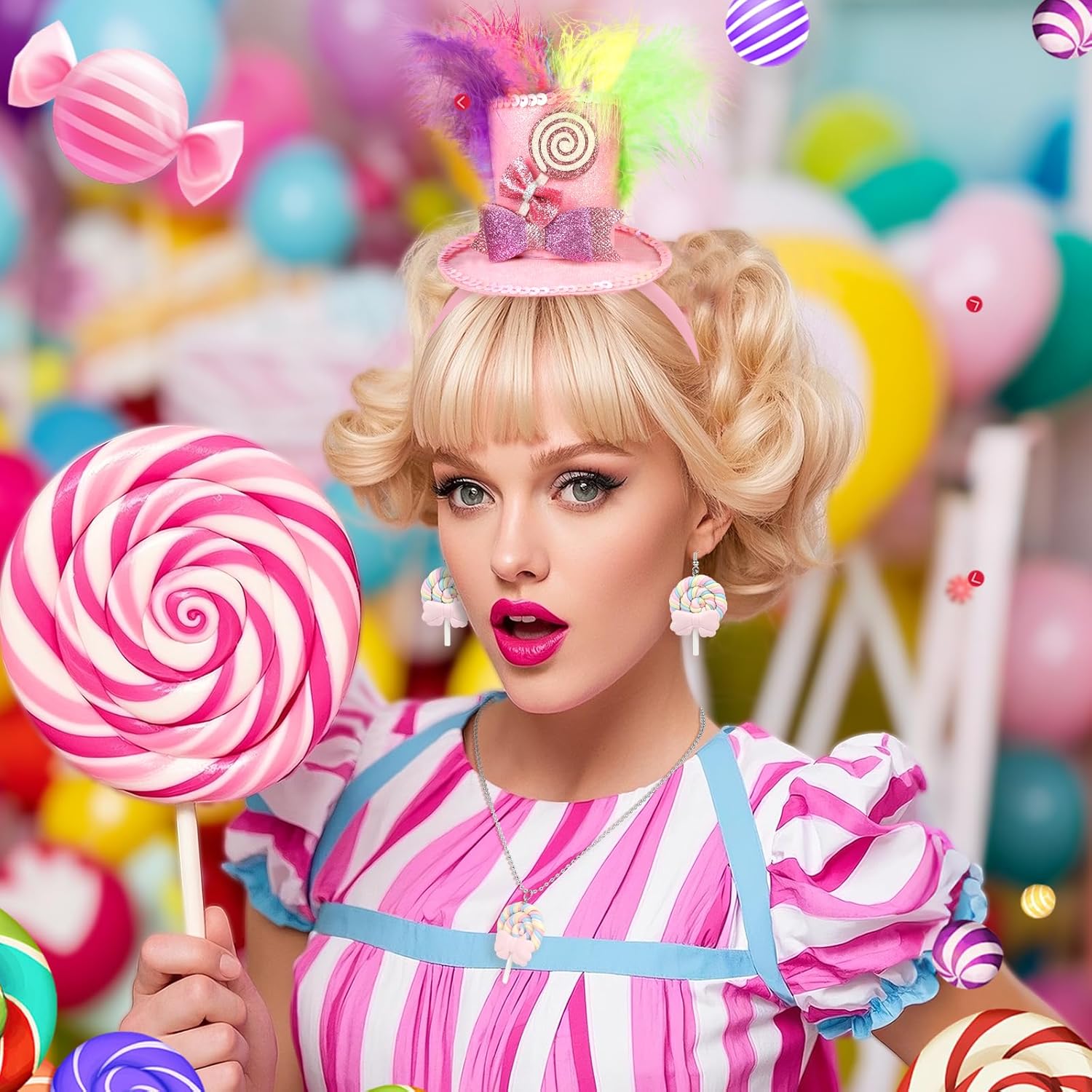 Candyland Candy Costumes for Women,Top Hat Headband Lollipop Necklace Earrings Sweet Rainbow Tutu Stocking Candy Theme Cosplay Accessories for Halloween Christmas - Image 7
