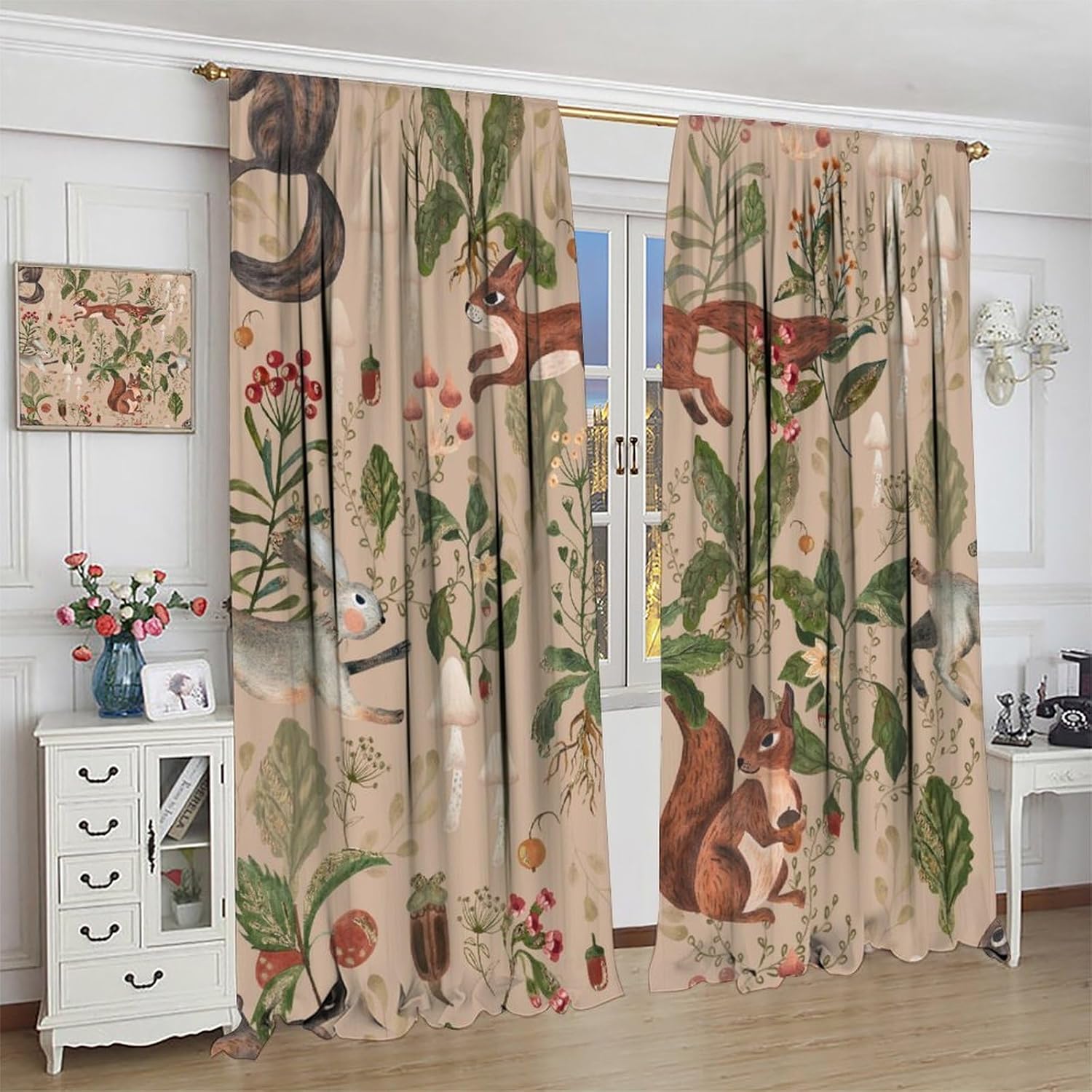 Rustic Woodland Curtains, Retro Cabin Lodge Fairy Tale Forest Watercolor Wild Animals Hare Squirrel Print Blackout Window Treatments for Living Room Bedroom 84x84in