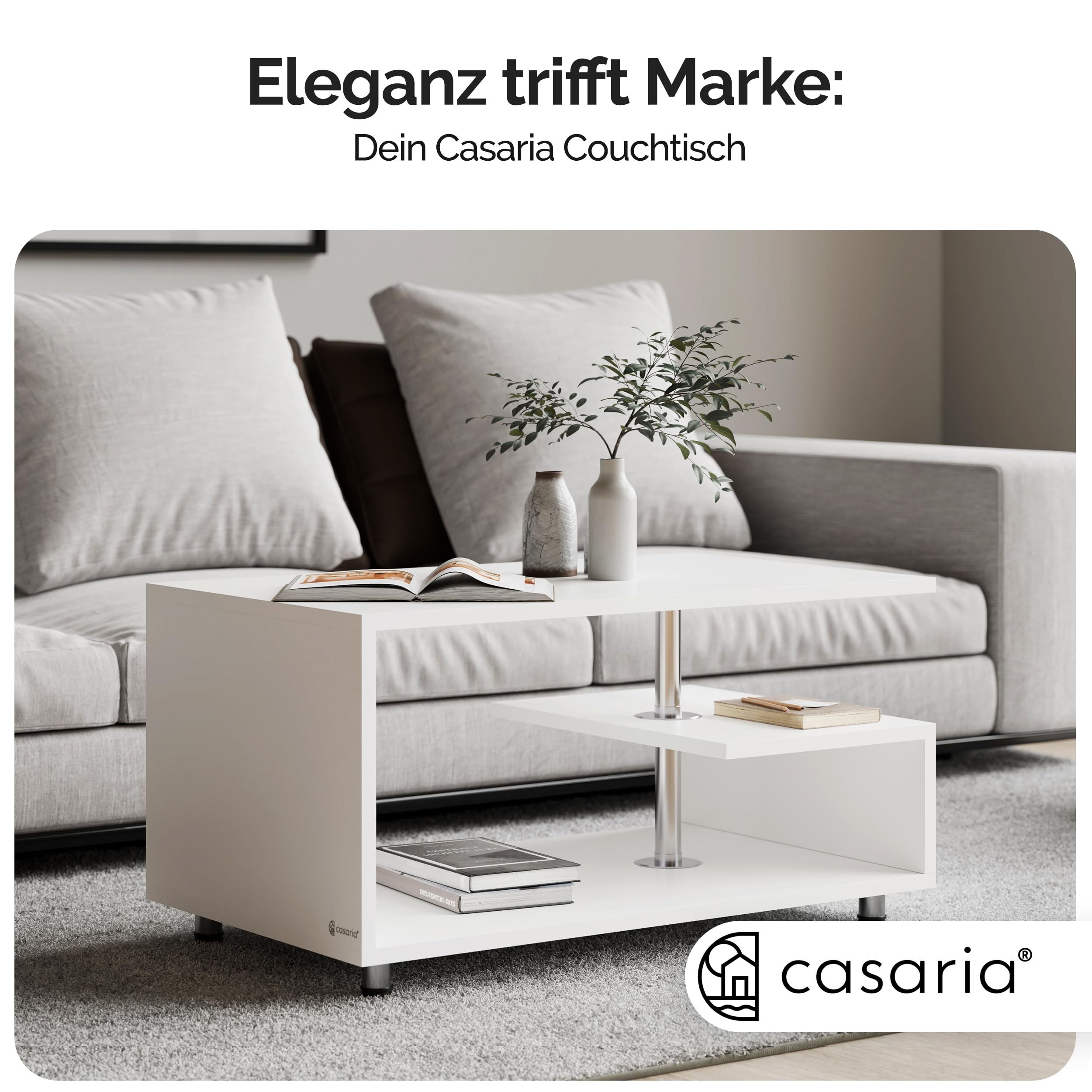 Casaria® Couchtisch Weiß Holz mit Stauraum 95x55cm Edelstahl Füße Höhenverstellbar Ablage Modern Rechteckig Beistelltisch Wohnzimmer Couch Sofa Tisch